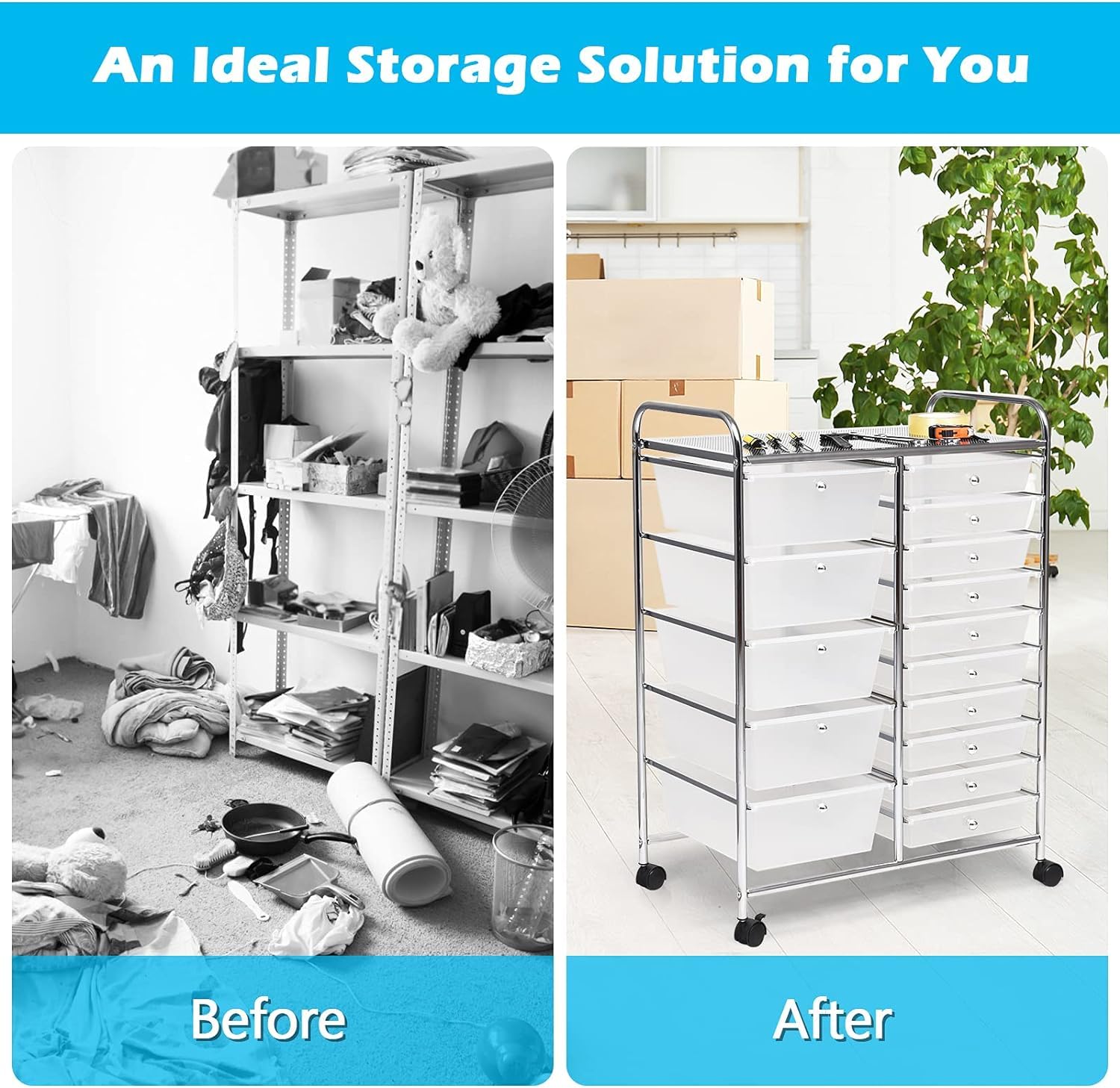 LDAILY 15-Drawer Rolling Storage Cart with Durable Metal Frame - Multipurpose Mobile Organizer for Office, School, Craft Room & Home - Perfect for Scrapbook Supplies, Stationery & Tools (Clear)