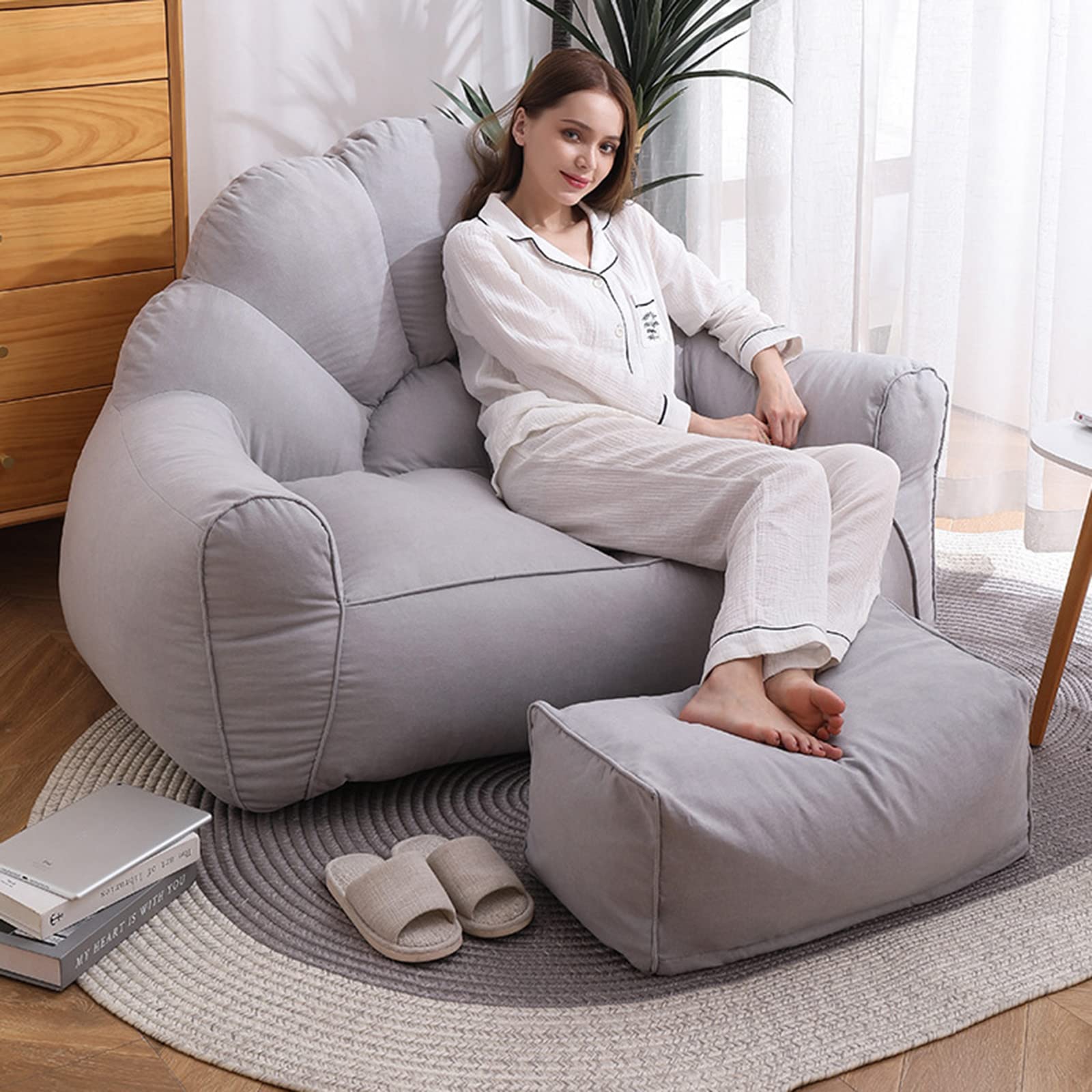 Comfy HWOEK Lazy Sofa Bean Bag Chair with Footstool - Soft Removable Cover, No Filler Included, Perfect for Stuffed Animal Storage (Gray) - Ideal for Living Rooms, Dorms & Kids' Play Areas