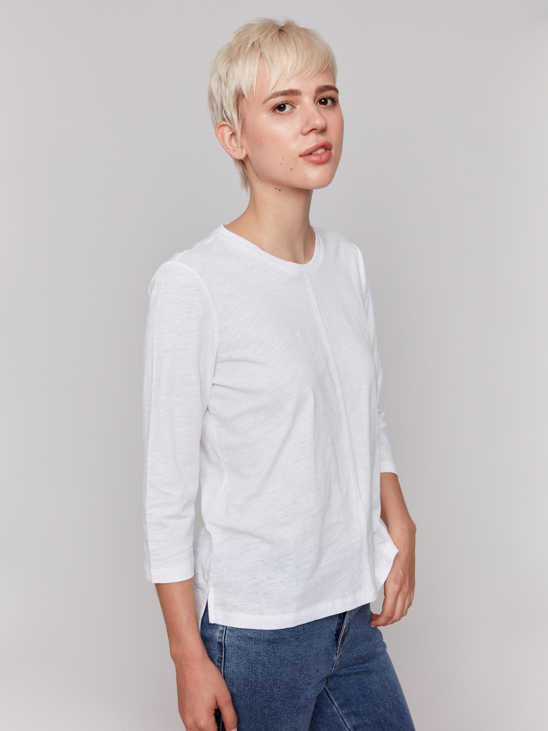 Organic Cotton Slub 3/4 Sleeve T-Shirt for Women - Breathable White Casual Top for Summer, Travel & Everyday Wear