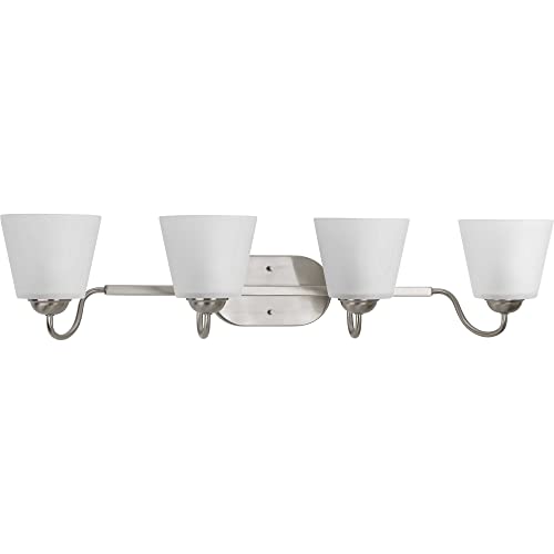 Progress Lighting Arden Collection 4-Light Farmhouse Bathroom Vanity Light - Brushed Nickel Finish with Etched Glass Shades - Perfect for Rustic, Traditional or Modern Bathroom Decor
