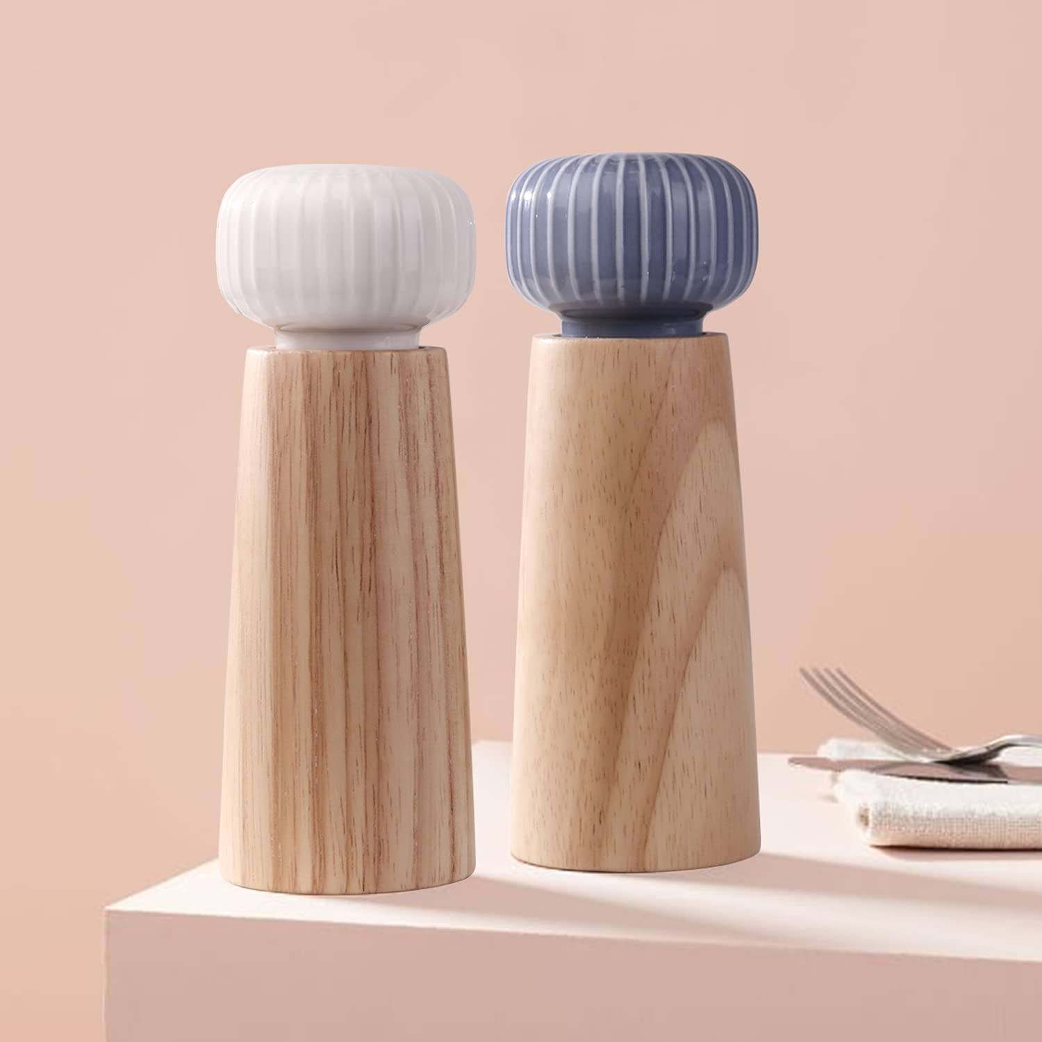 Premium Wood & Ceramic Salt and Pepper Grinder Set - Adjustable Coarseness Spice Mill with Tray (17.5cm) - Perfect for Kitchen, Dining Table & Gourmet Cooking