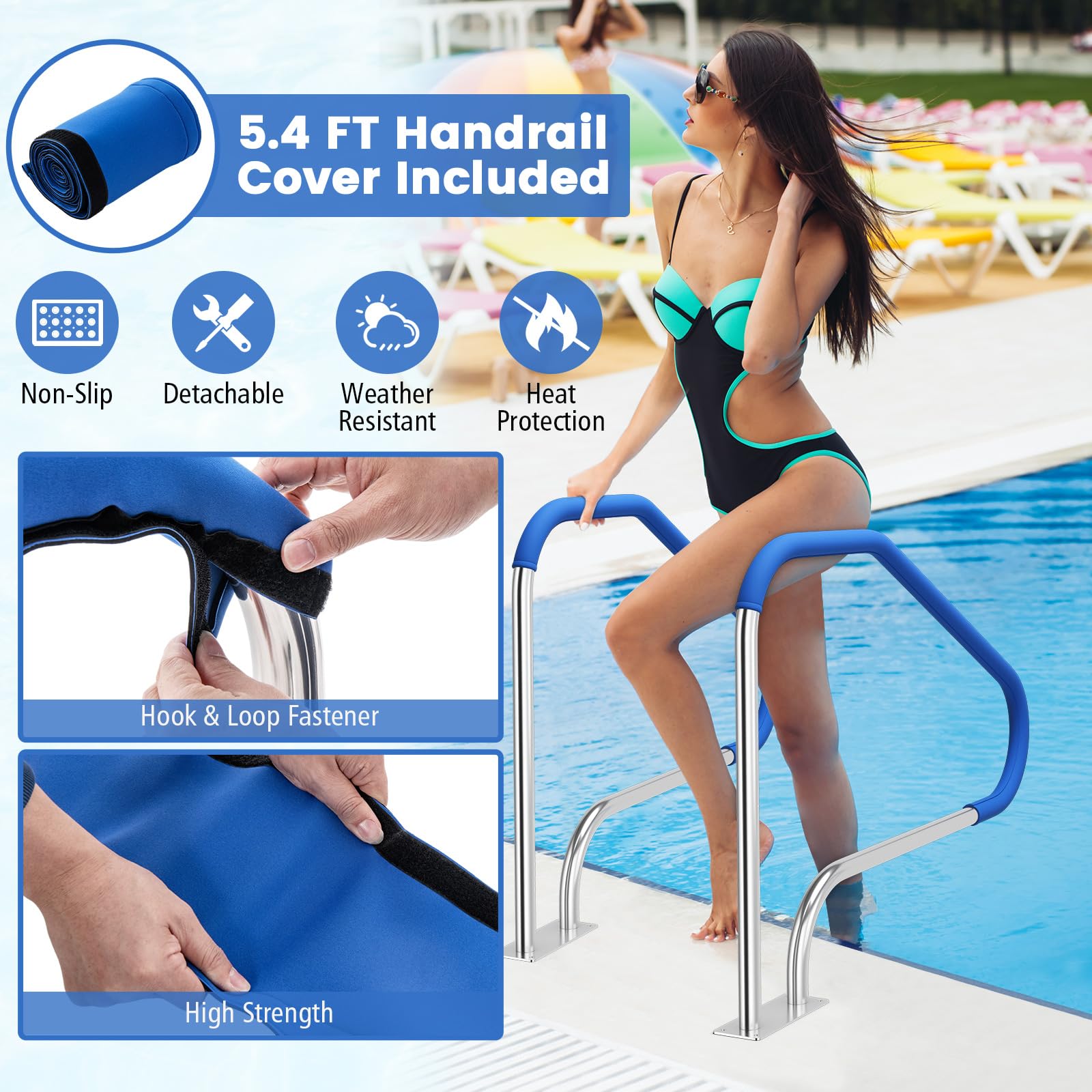 Goplus 49''x34'' Stainless Steel Pool Handrail - 316 Grade, Non-Slip Grip Cover, 550LBS Weight Capacity for Inground Swimming Pools | Safety Support for Elderly & Kids | Easy Installation with Base Plate (1 Pack)
