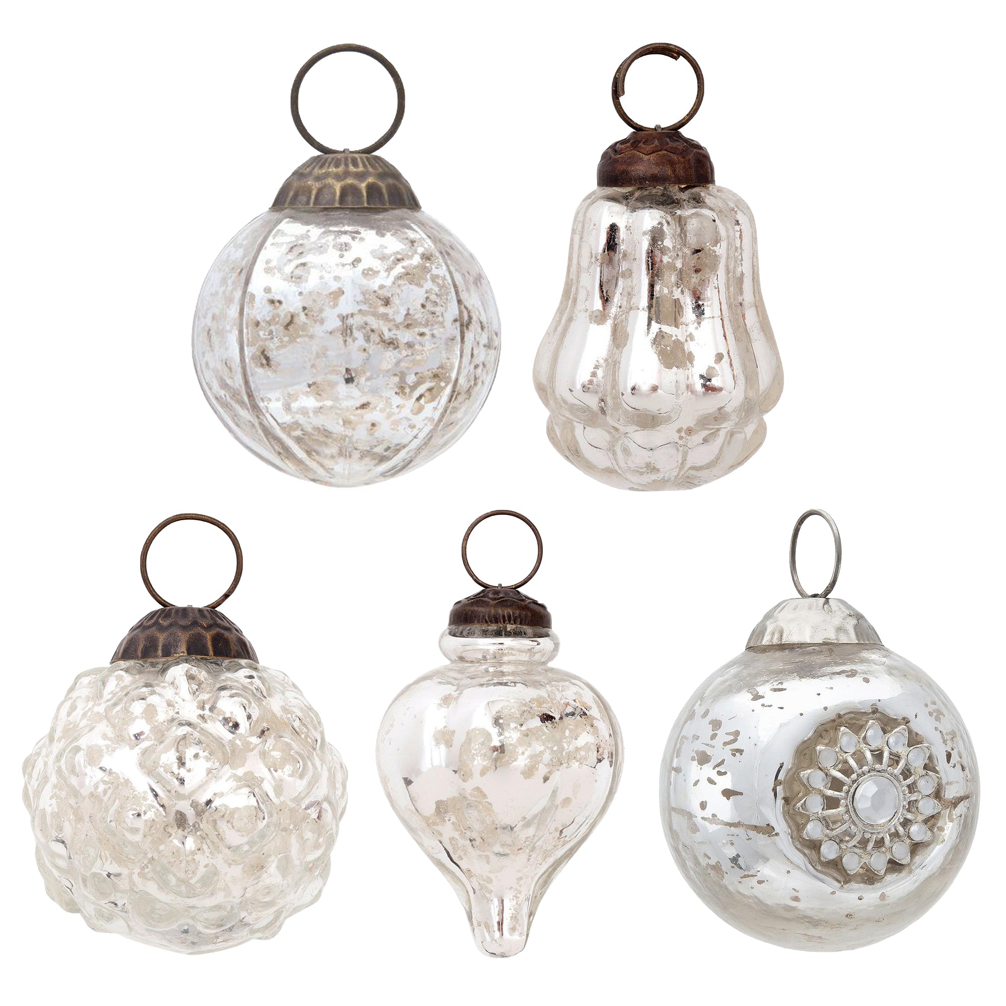 5 Pack Silver Shabby Chic Assorted Ornaments Set - Vintage Christmas Decor, Holiday Party Decorations, Home Decor Gift for Special Occasions | Perfect for Tree Decorating, Gift Wrapping & Festive Table Centerpieces