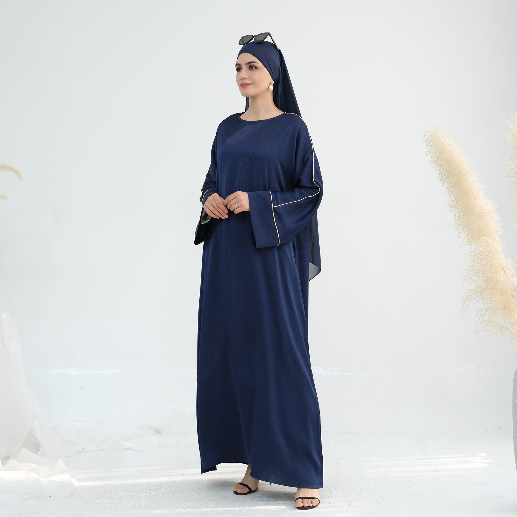 Stylish Ayana Textured Piping Detail Abaya Dress in Blue - Perfect for Modest Fashion, Prayer Outfits & Special Occasions