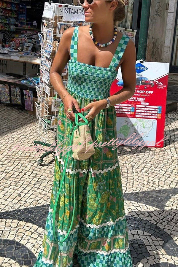 Yolanda Ric Rac Trims Unique Print Smocked Bust Back Lace Up Maxi Dress | Vintage Floral Summer Dress for Women | Perfect for Beach Vacations, Weddings & Boho Parties
