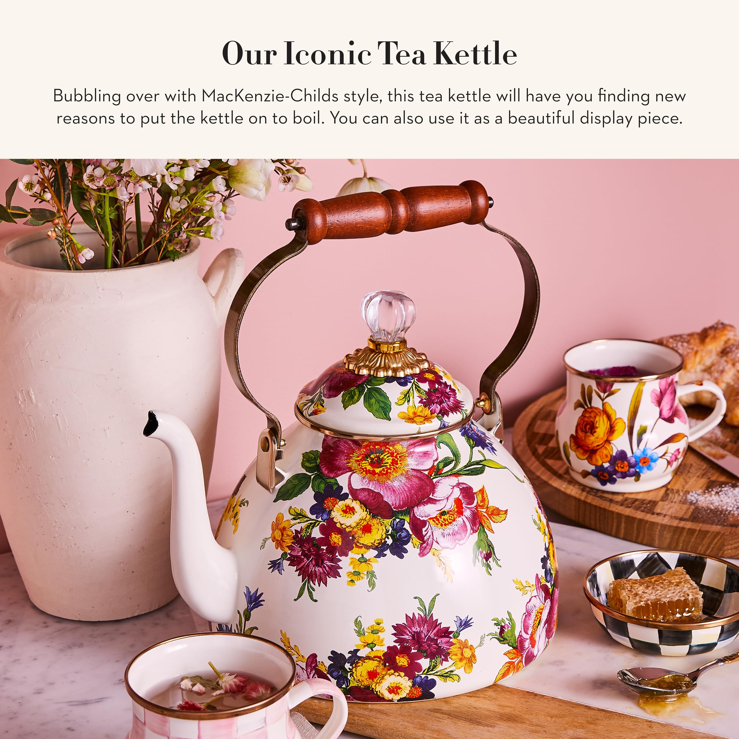 MACKENZIE-CHILDS Enamel Tea Kettle - 3 Quart Stovetop Kettle with White Flower Market Design | Elegant & Durable for Tea Lovers | Perfect for Home, Kitchen, and Gift Giving