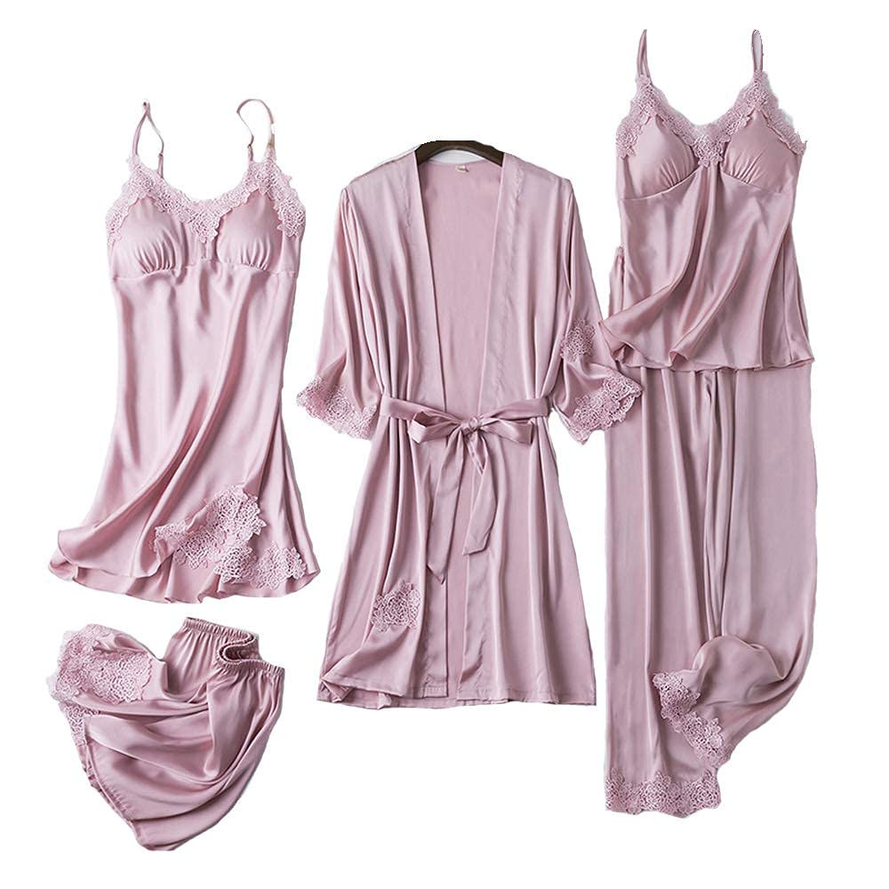 FMOGG Women's Satin Pajama Set - 5 Piece Silk Sleepwear with Robe, Lace Nightgown & Pants - Elegant Loungewear for Relaxation, Bridal Shower & Special Occasions