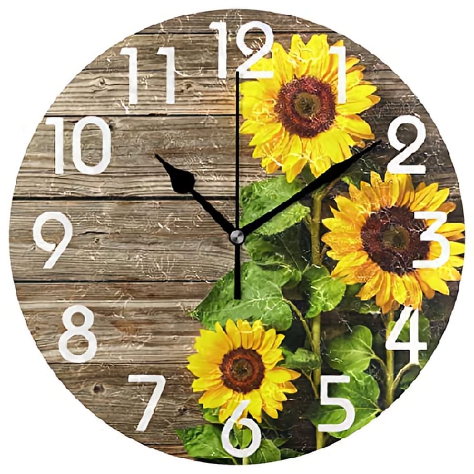 Vintage Wooden Sunflower Wall Clock - 10 Inch Silent Round Battery Operated Wall Decor for Bedroom, Living Room & Kitchen | Large Decorative Hanging Clock with Rustic Floral Design