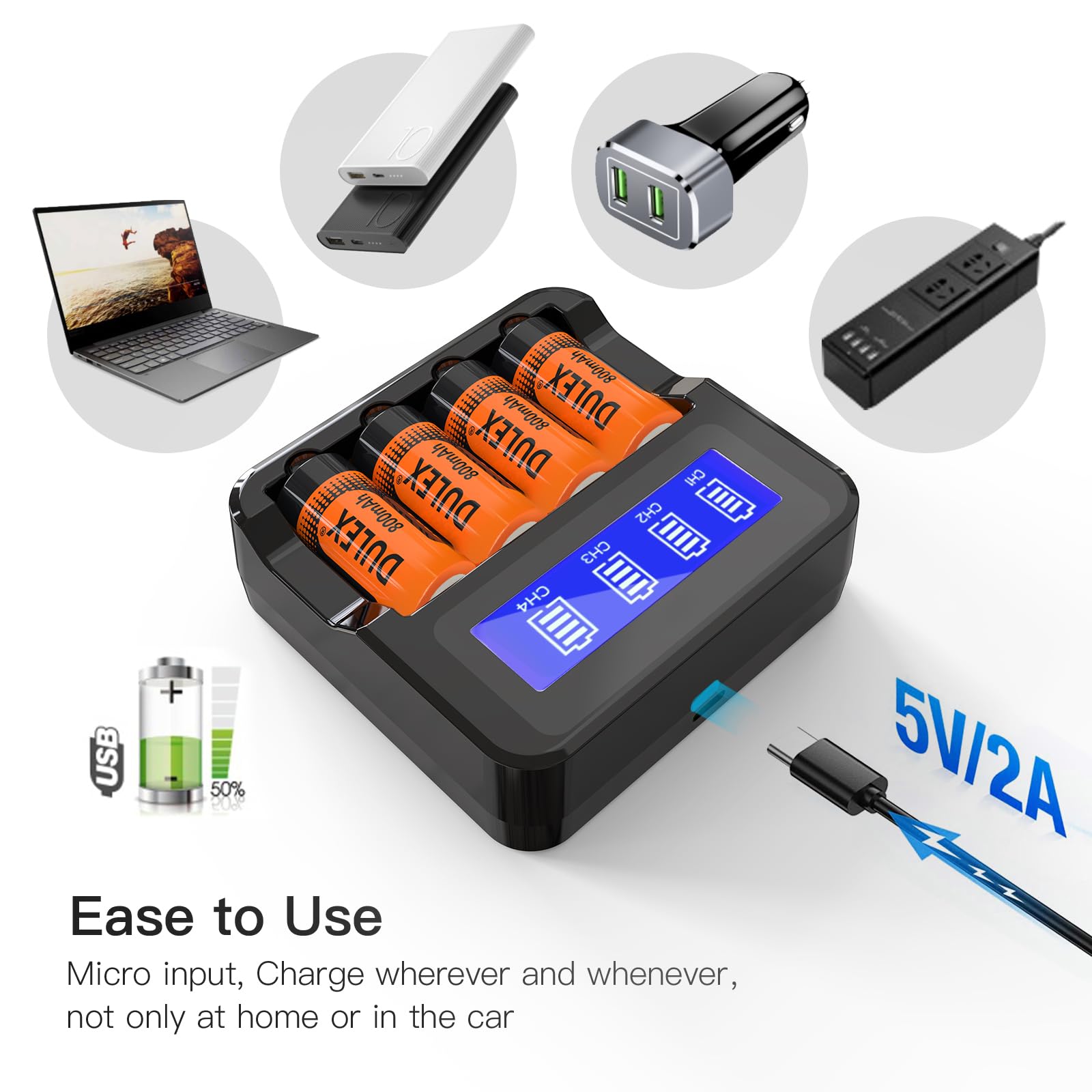 DULEX 8-Pack 123A Rechargeable Lithium Batteries with Charger - Compatible with Arlo VMS3130 VMC3030 3200 3330 3430 3530 Security Cameras - Long Lasting Power for Home Security Systems, Flashlights & Emergency Devices