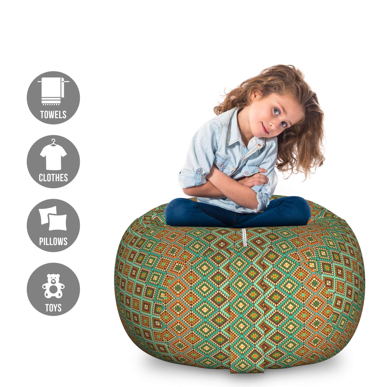 Ambesonne Ethnic Storage Toy Bag Chair - Mosaic Pattern with Symmetric Triangles & Folkloric Design - Washable Stuffed Animal Organizer - Large Multicolor - Perfect for Kids' Room, Playroom & Nursery Organization