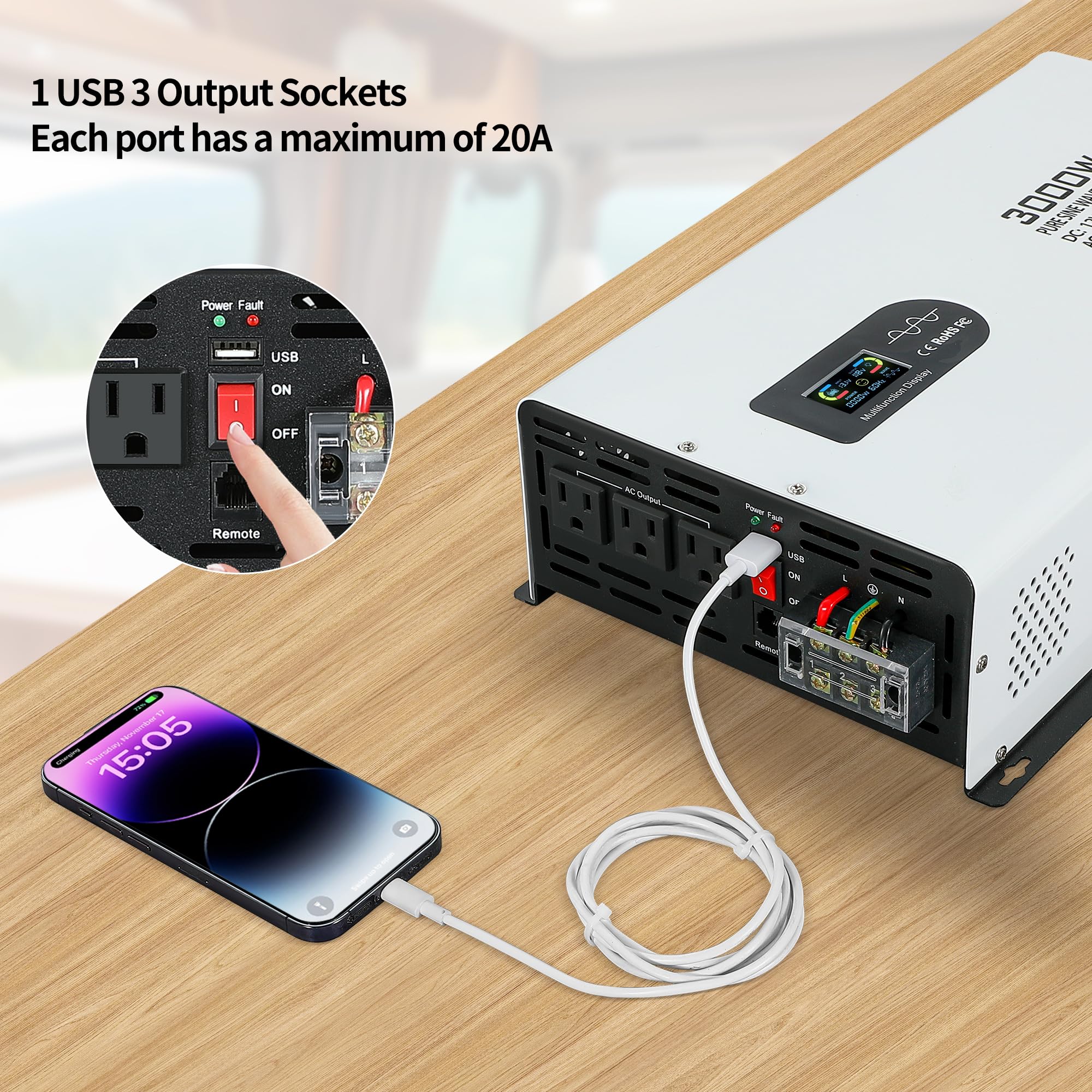 3000W Pure Sine Wave Power Inverter 12V DC to 120V AC with LCD Display & Remote - Car, RV, Truck, Home, Camping, Travel - USB Port for Charging Devices on the Go