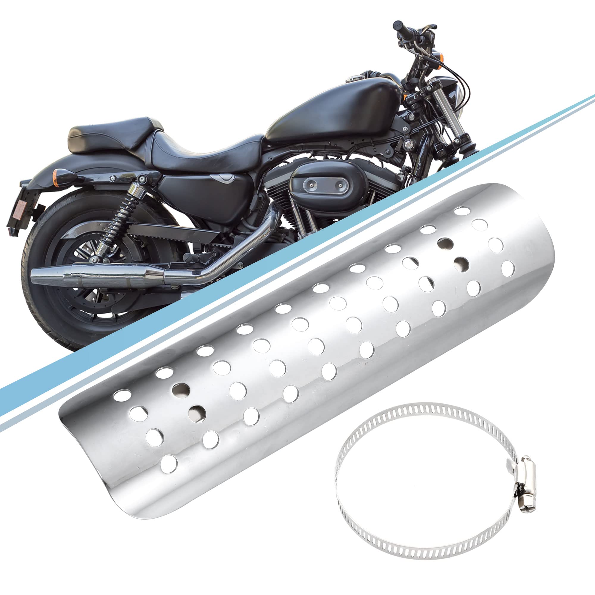 Universal Motorcycle Exhaust Heat Shield - Chrome Plated Iron Muffler Guard for Harley Davidson (20-70mm Clamps) - Silver Tone - Heat Insulation Protection for Cruiser & Touring Bikes