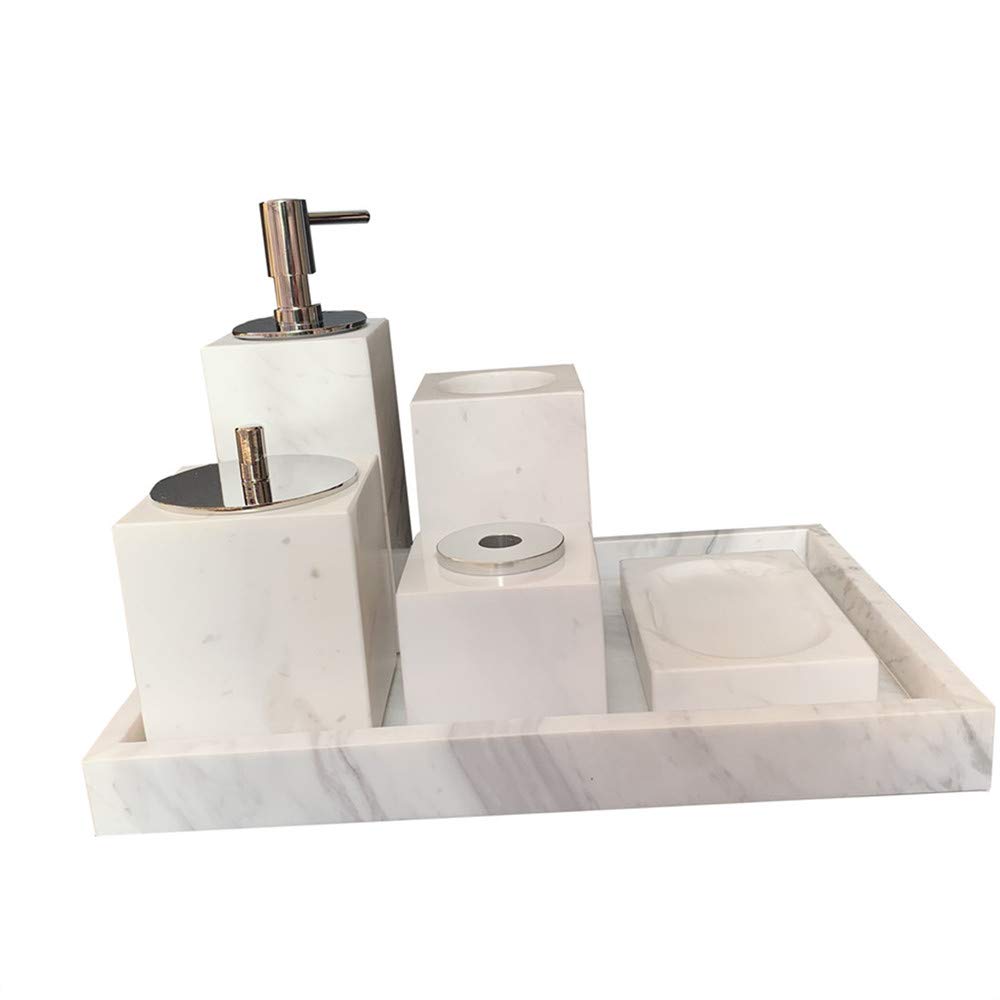 Premium 6-Piece Natural Real Marble Bathroom Set - Toothbrush Holder, Marble Tray, Soap Dispenser, Cotton Swab Box, Soap Dish & Aromatherapy Jar (Volakas White) | Luxury Spa & Modern Home Decor for Bathroom Vanity, Guest Suite & Hotel Style Upgrade