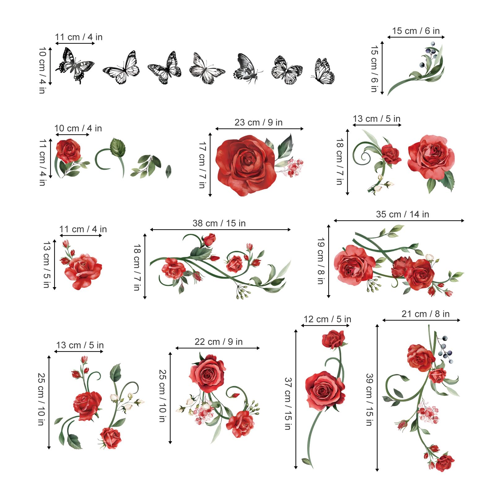 Red Rose Vine Wall Decals with Butterflies - Bedroom & Living Room Decor