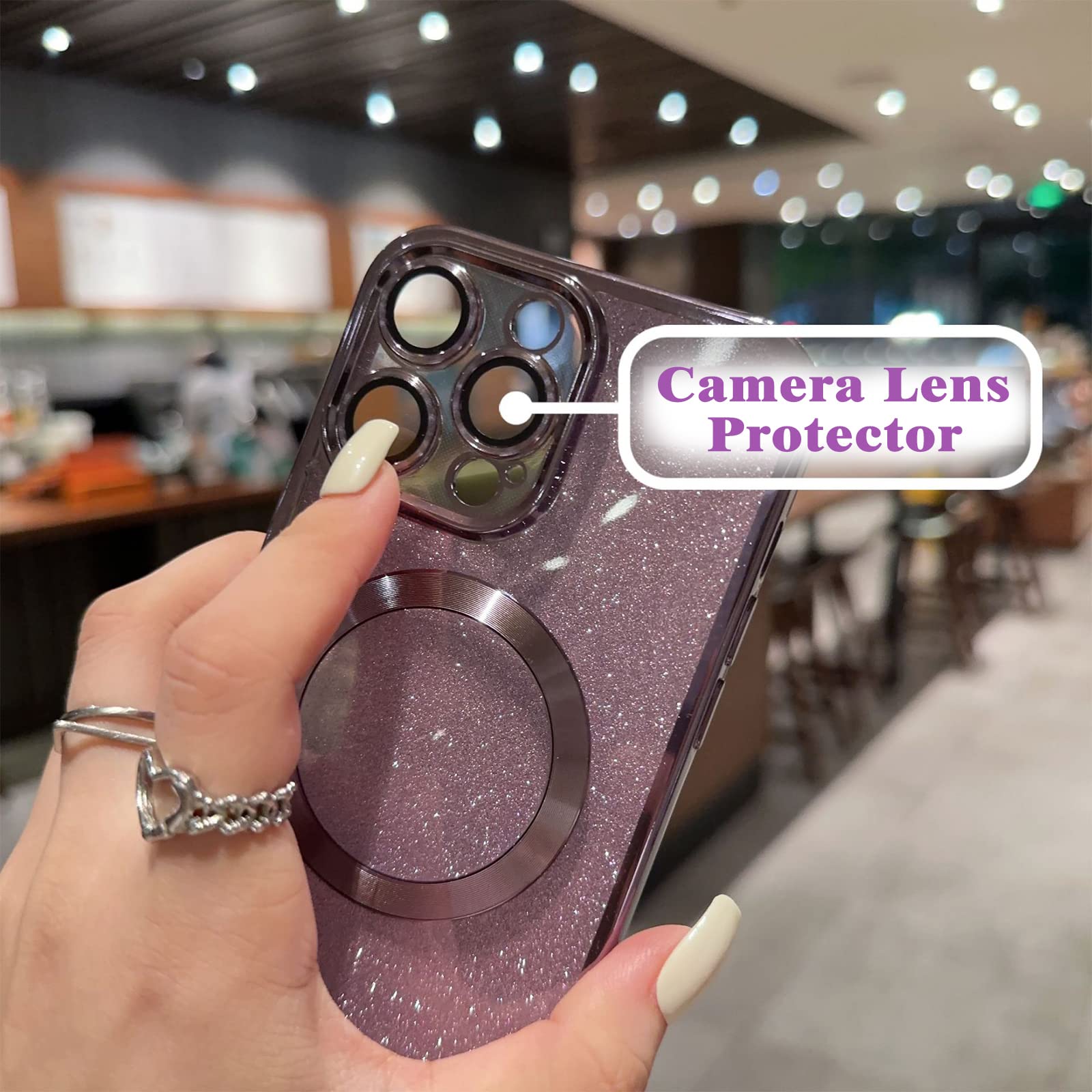 Aowner Magnetic Glitter Case for iPhone 15 Plus - Luxury Plating Bling with Camera Lens Protector | MagSafe Compatible Slim Thin Shockproof Protective Clear Phone Cover for Women & Girls | Perfect for Everyday Use, Parties & Gift Giving (Pink)