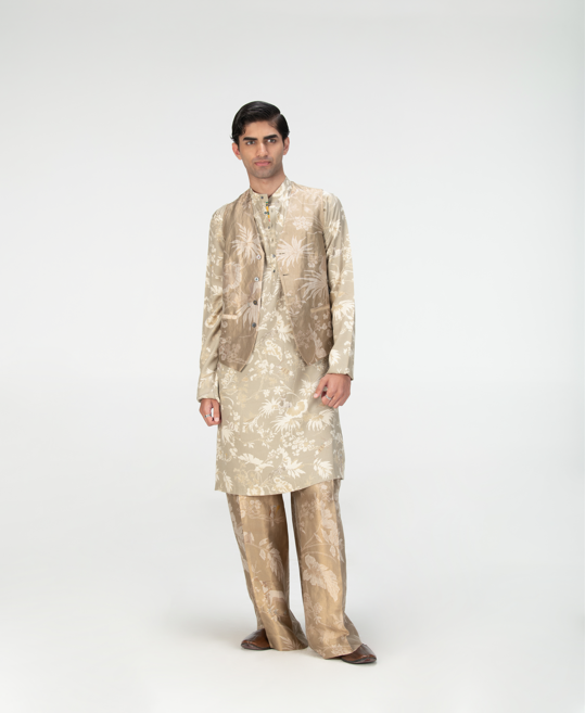 Elegant Silk Brocade Vest Coat in Oyster Grey - Perfect for Formal Events, Weddings & Special Occasions
