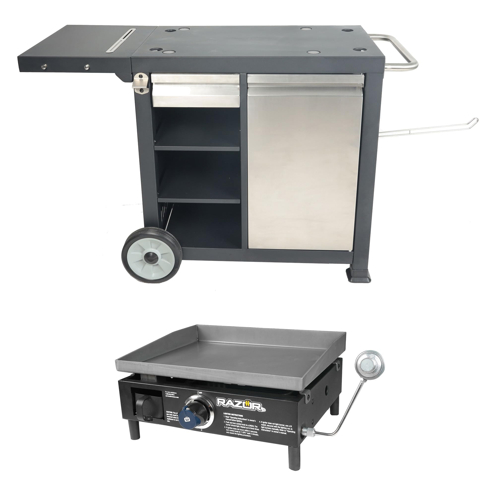 Universal Rolling Prep Cart with Shelves & Storage Drawer for Outdoor Griddles & Grills - Portable Kitchen Organizer for BBQ, Camping & Backyard Cooking (Black)
