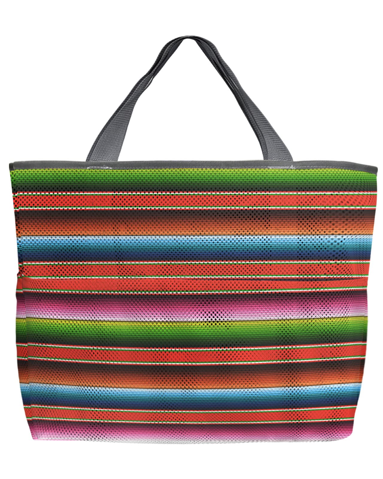 60L Oversized Mesh Beach Tote Bag - Colorful Mexican Striped Design, Quick-Dry Swim Bag with Pockets | Foldable for Beach, Pool & Grocery Shopping | Rainbow Salsa Stripes Toy Storage Net Bag (24x16x9 Inches) - Perfect for Summer Vacations, Water Activities & Shopping Trips