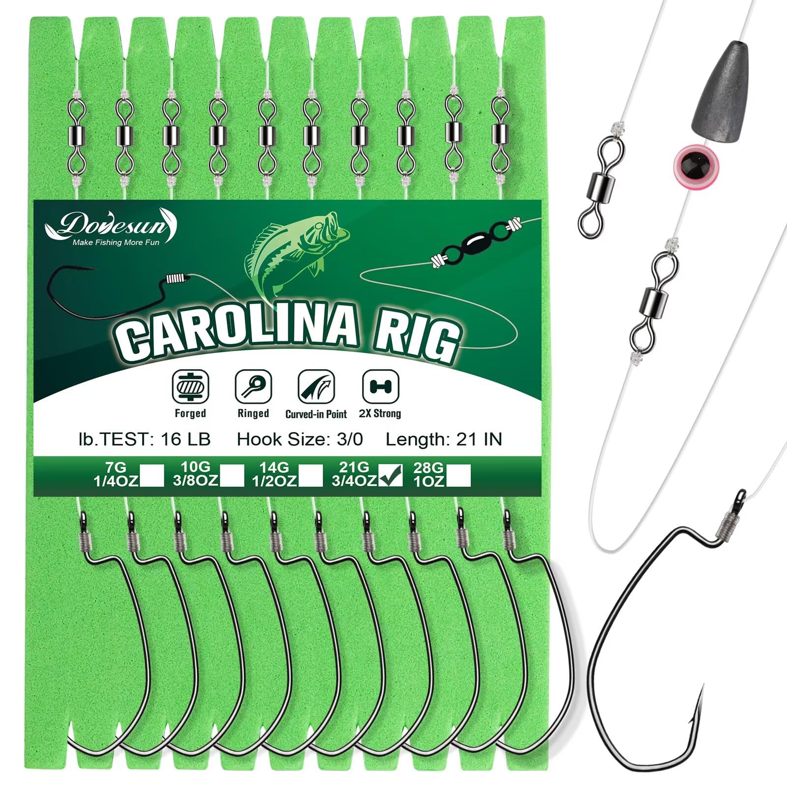 Dovesun 10/5PCS Ready Tied Carolina Rig Kit - Bass Fishing Rig with Hooks, Swivel & Fluorocarbon Line - Catfish & Freshwater Fishing Gear for Lakes & Rivers