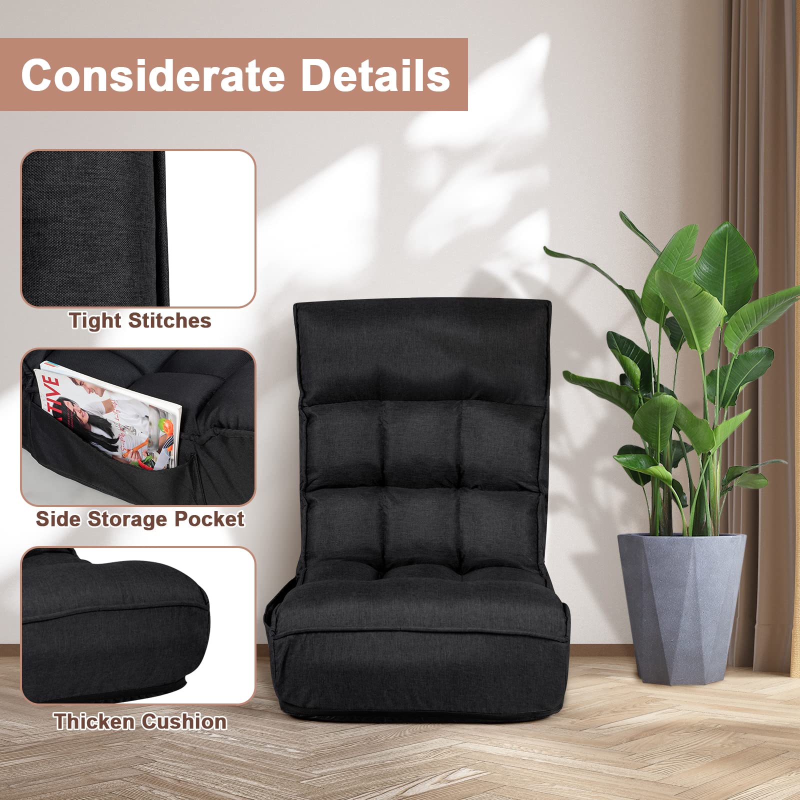 SAFSTAR Adjustable Folding Floor Chair - 5-Position Headrest & 4-Position Backrest Gaming Chair with Thick Cushion & Side Pocket - Comfortable Padded Seat for Living Room, Bedroom, Gaming, Reading & Relaxing