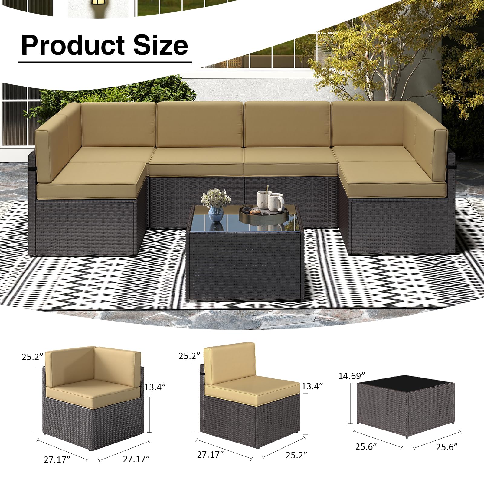 Premium Outdoor Patio Furniture Set - 7-Piece PE Rattan Wicker Sectional Sofa with Glass Coffee Table & Cushions for Porch, Balcony, Garden, Poolside (Khaki) | Perfect for Relaxing, Entertaining & Outdoor Living Spaces