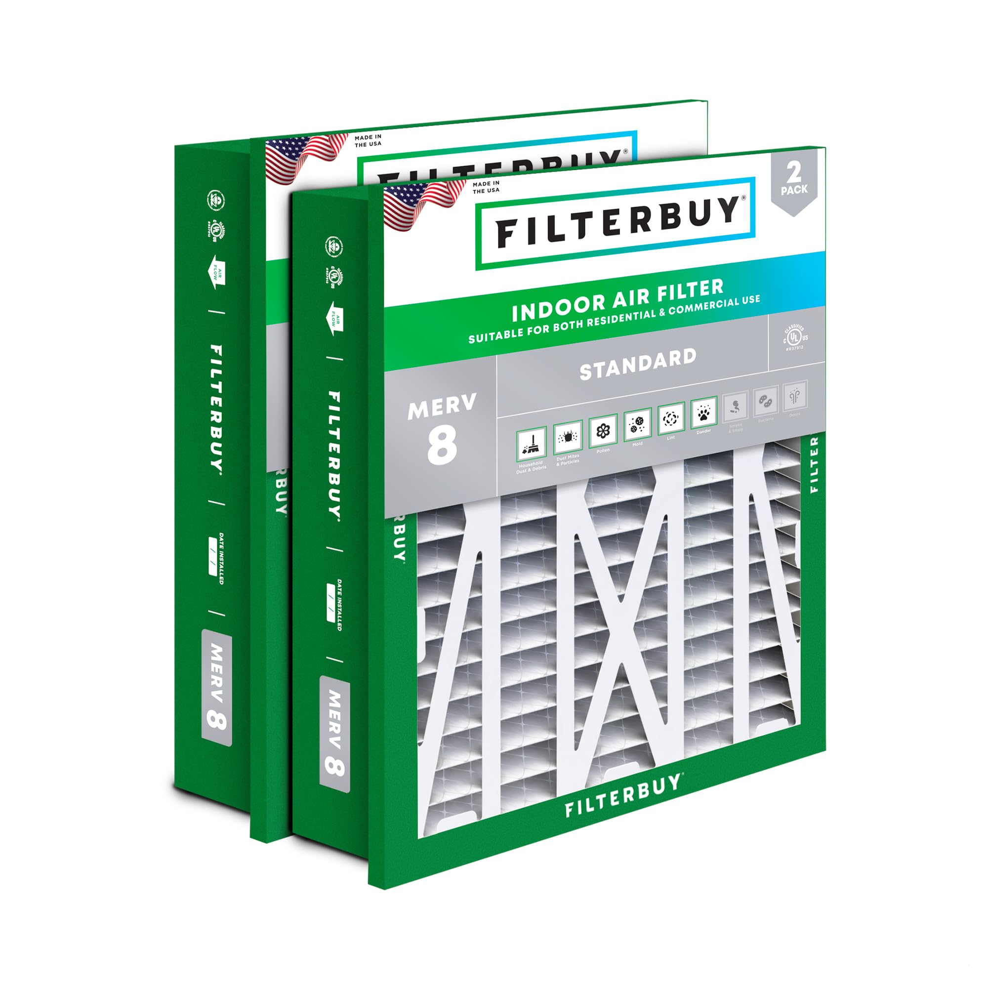 Filterbuy 20x25x5 MERV 8 Pleated Air Filter (2-Pack) - Replacement for Honeywell HVAC Furnace & AC Systems, Dust Defense, Actual Size 18.38x23.38x3.69 Inches - Perfect for Home, Office & Commercial Spaces