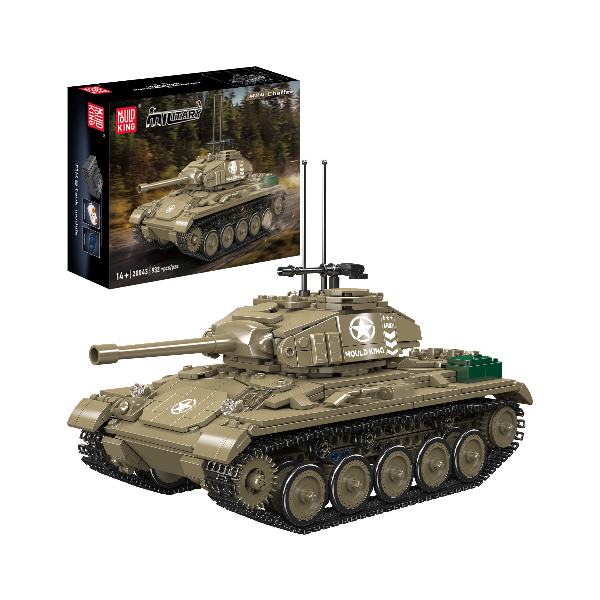 Mould King 20043 M24 Chaffee Tank Building Blocks Set - 932 Pieces Military Model Kit for Adults & Teens - Perfect for Collectors, Display & WWII Historical Enthusiasts