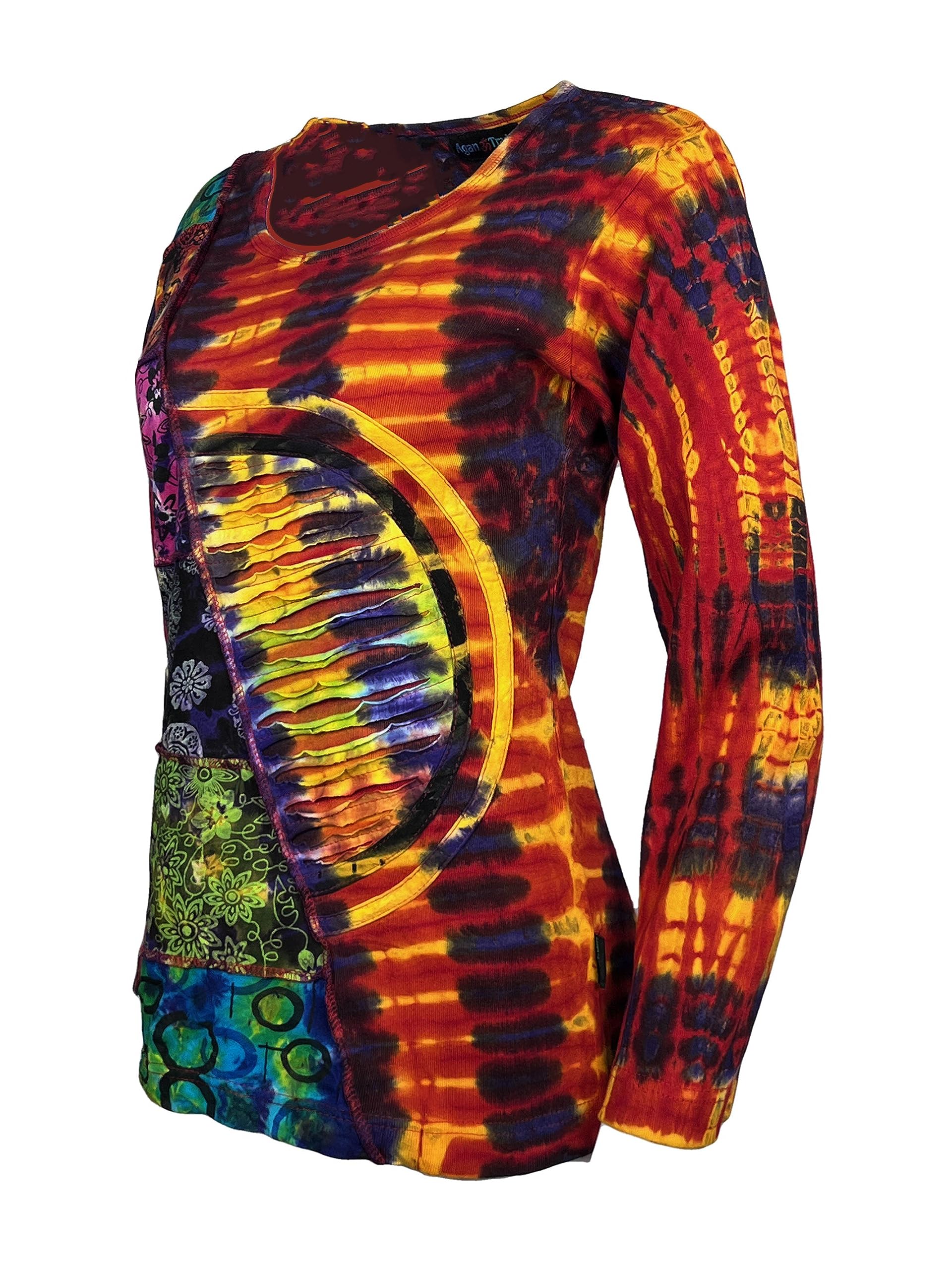 Agan Traders 2025 Spring Women's Bohemian Tie-Dye Knit Sweatshirt - Embroidered Long Sleeve Patchwork Razor Cut Blouse | Casual Wear, Festival Outfit, Street Style Fashion