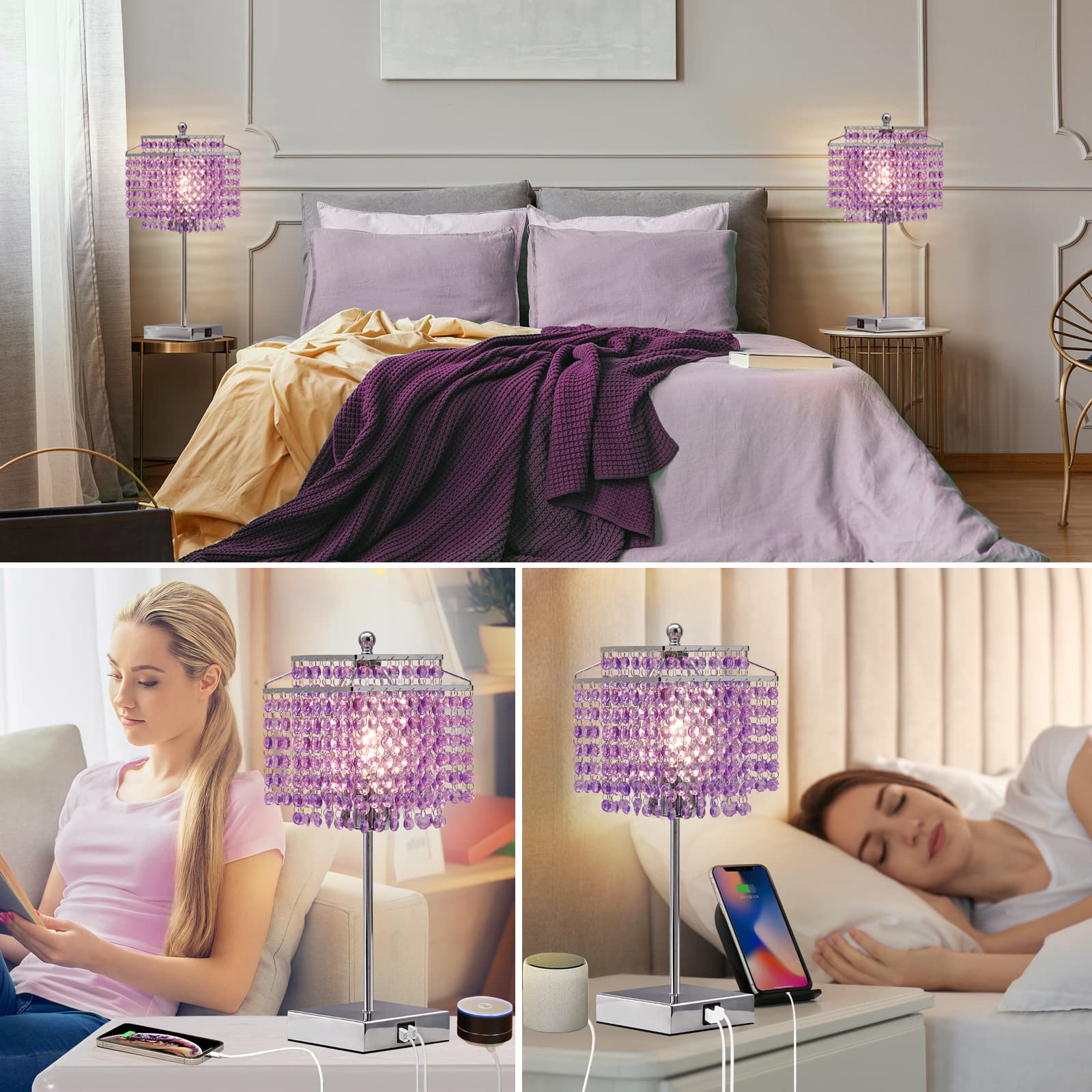 Crystal Table Lamp with USB Ports & Floor Lamp Set of 2 - Modern Lighting for Living Room, Bedroom, Office (Purple) | Elegant Home Decor & Workspace Lighting Solution