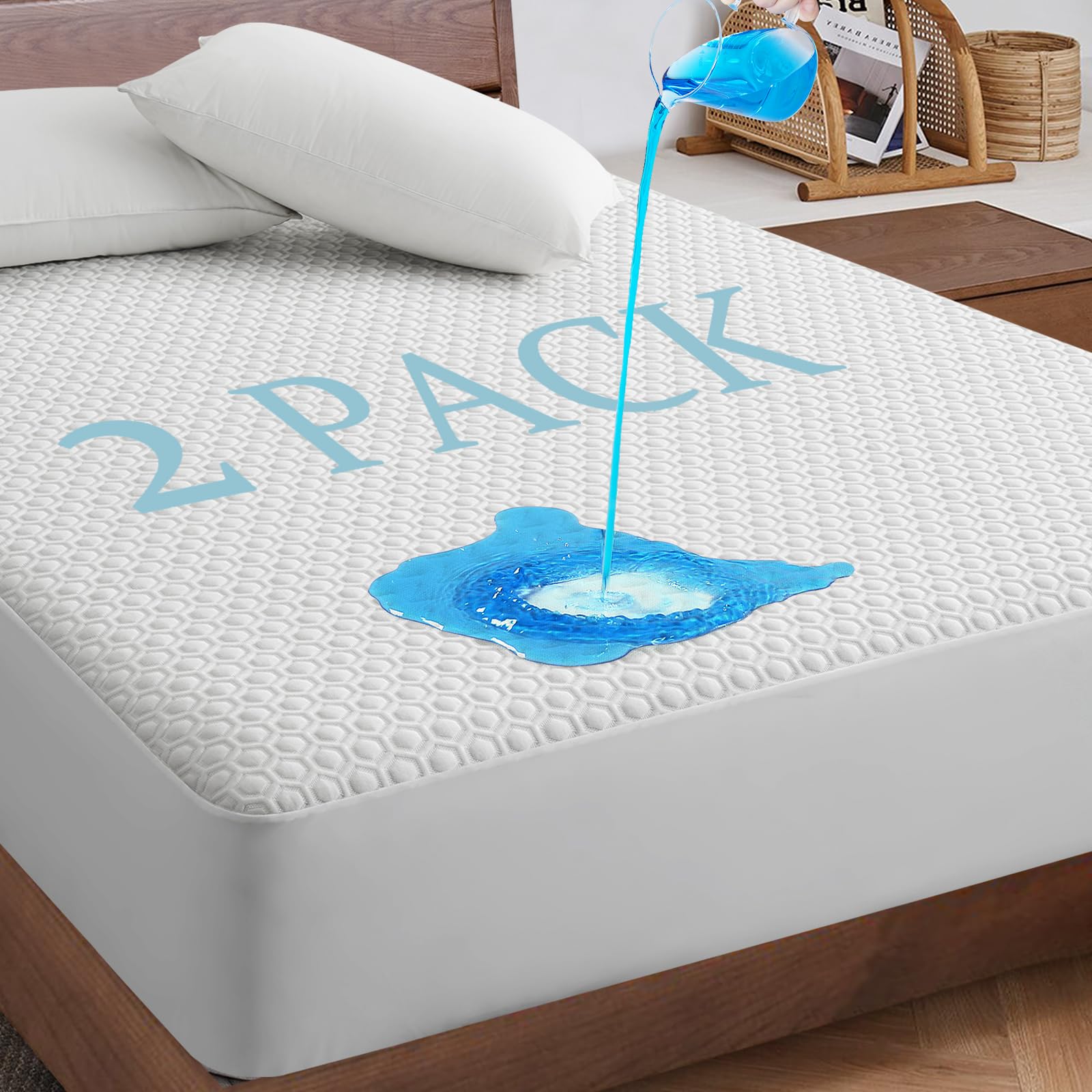 2 Pack Full Size 100% Waterproof Mattress Protector - Premium Bamboo Viscose 3D Airflow Fabric, Ultra Soft Breathable Mattress Pad Cover, Noiseless & Washable, Fits 8