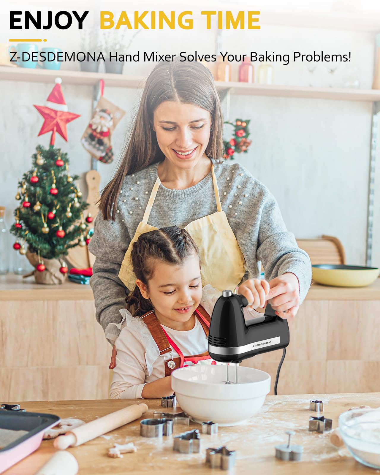 300W Powerful Electric Hand Mixer with 304 Stainless Steel Beaters & Dough Hook - Turbo Handheld Mixer for Baking Cakes, Whipping Eggs, Cream - Perfect for Home Kitchen & Professional Bakers (Black)