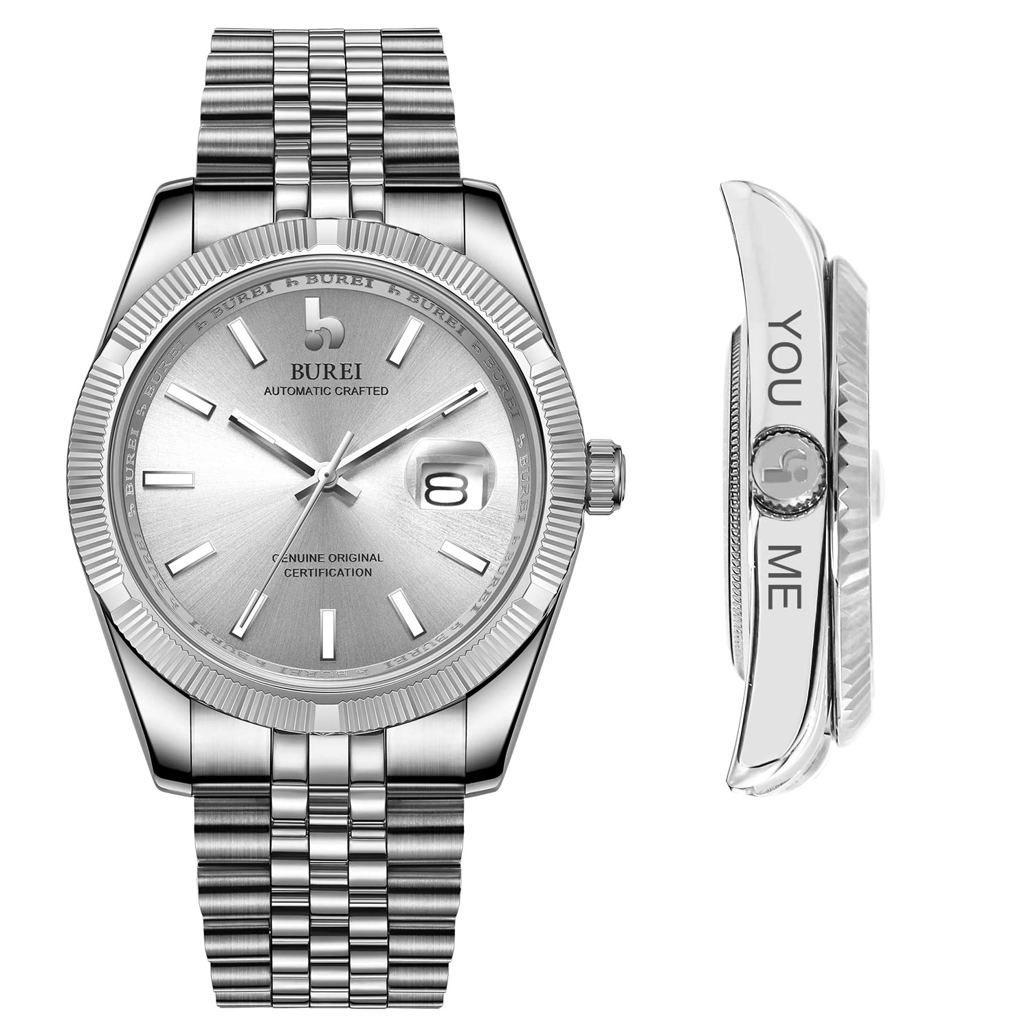 BUREI Men's Automatic Watch with Date Window - Personalized Custom Stainless Steel Band & Sapphire Crystal - Perfect for Business, Casual & Formal Occasions