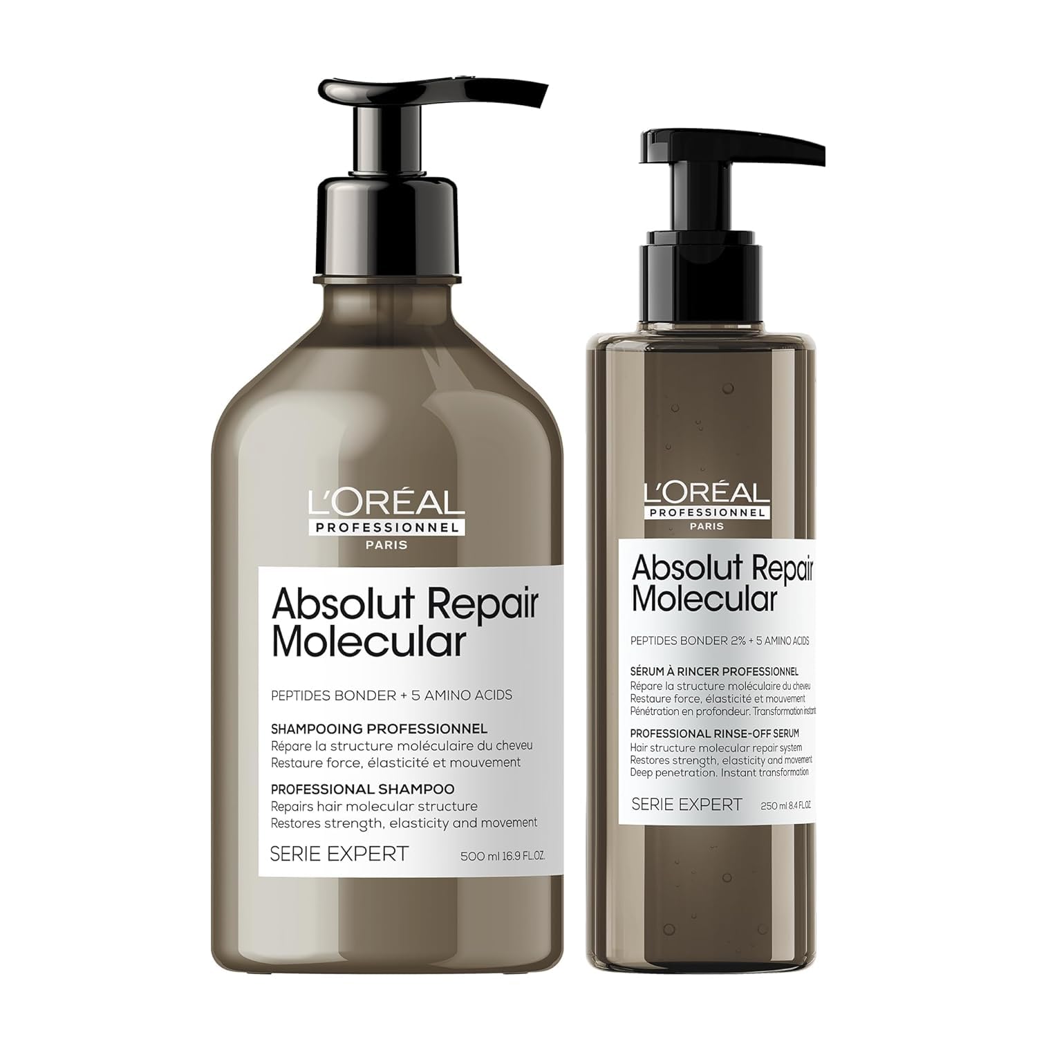 L'Oreal Professionnel Absolut Repair Molecular Shampoo & Serum Set for Damaged Hair - Sulfate-Free with Peptide Bonder & Amino Acids | Strengthens & Repairs Extremely Dry Hair | Salon-Quality Hair Care for Women & Men | Perfect for Post-Color Treatment & Heat Styling Recovery