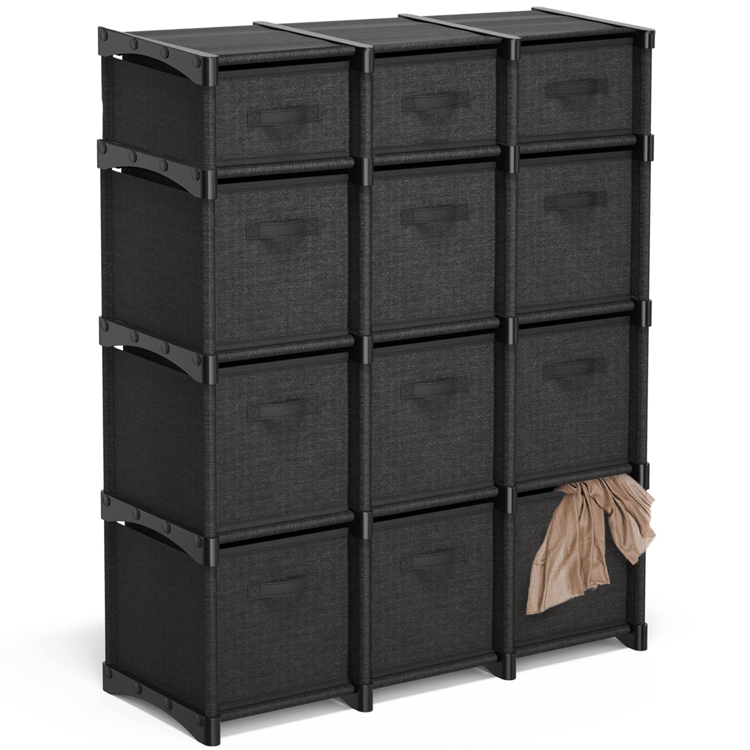 12-Cube Storage Organizer - Black Modular Shelving Unit with Fabric Bins | DIY Closet, Bedroom, Playroom & Office Organization | Space-Saving Storage Solution for Home, Dorm & Kids' Rooms