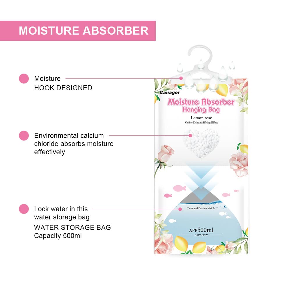 CANAGER Hanging Moisture Absorber - 8 Pack Lemon Rose Scented Dehumidifier Bags (12.5 oz) for Closet, Wardrobe & Storage Areas | Eliminates Dampness & Musty Odors | Perfect for Homes, RVs, Basements & Laundry Rooms