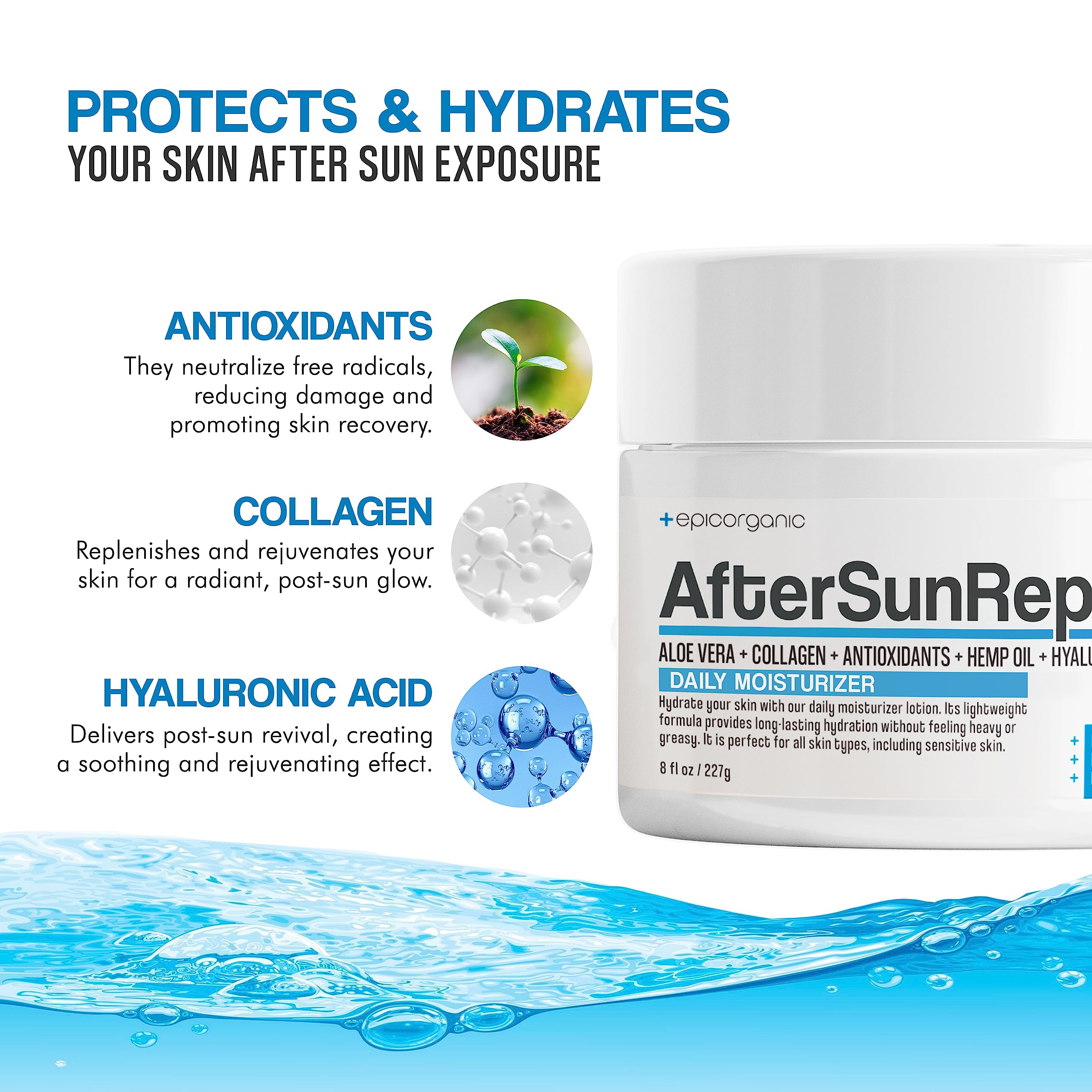 After Sun Daily Moisturizer & Repair Cream with Vitamin E | 24-Hour Hydration for Sunburned & Sun-Exposed Skin | Improves Skin Texture & Soothes Irritation | Fragrance-Free Face & Body Lotion for Men & Women | 8 oz | Perfect for Post-Sun Care, Beach Days & Outdoor Activities