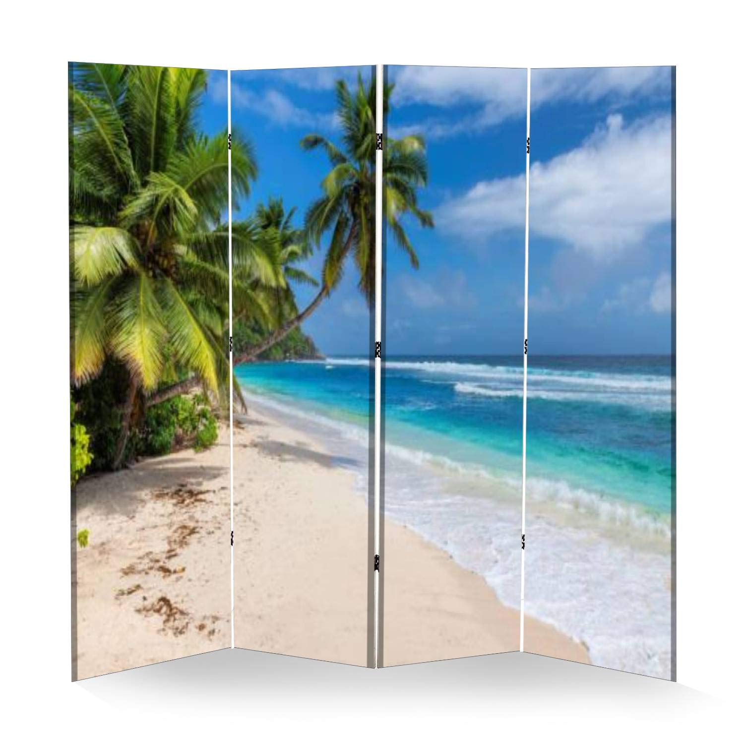 Wooden Screen Room Divider - Coconut Palms & Sunny Beach Design with Turquoise Sea - Foldable Canvas Privacy Partition Panels - Dual-Sided Wall Divider for Indoor Display Shelves (4 Panels) - Perfect for Home Office, Bedroom Separation, and Coastal-Themed Decor