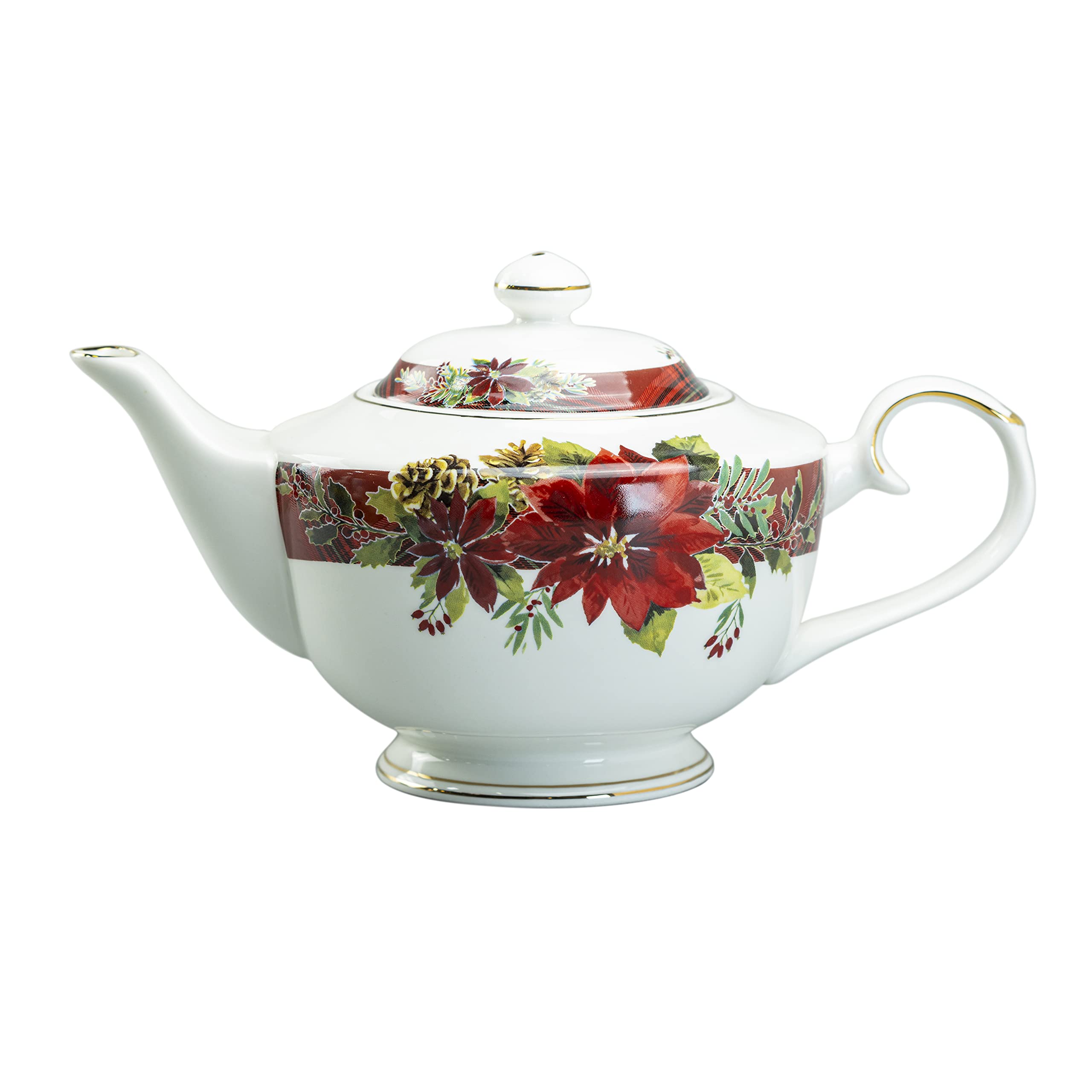 11-Piece Poinsettia Holly Plaid Tea Set in Red - Perfect for Christmas Decorations, Holiday Parties & Cozy Afternoon Tea