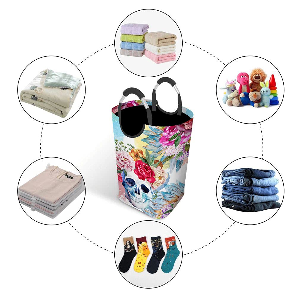 Boho Skull Laundry Hamper with Peony Flowers Wreath & Magnolia Rose Bouquet - Foldable Clothes Basket with Handles for Bedroom, Nursery, or Dorm - Perfect for Clothes Organizer, Toys Storage & Home Decor