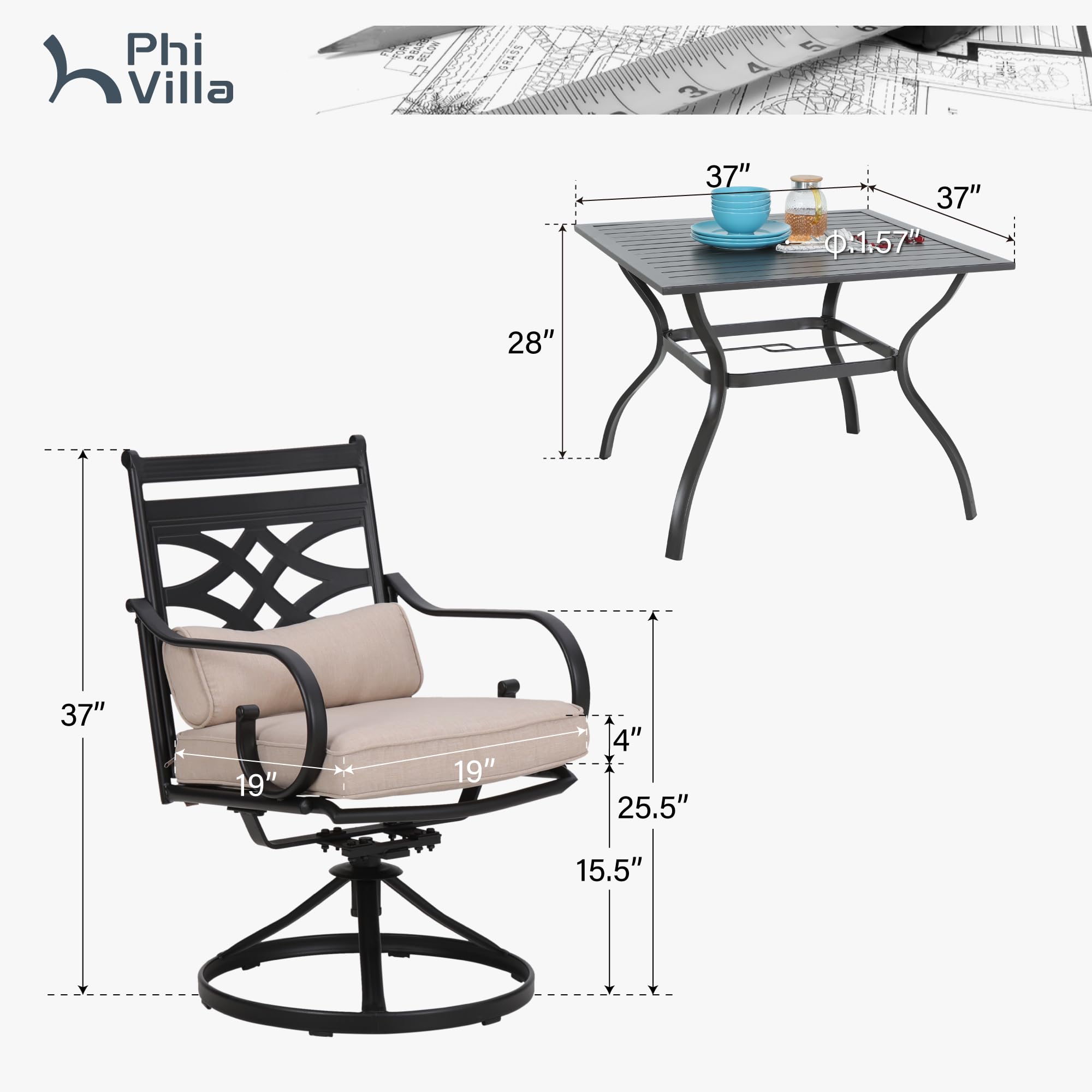PHI VILLA 5-Piece Outdoor Patio Dining Set with Swivel Chairs - Steel Square Table & Cushioned Seating for 4 - Perfect for Garden, Lawn, Deck & Backyard Entertaining