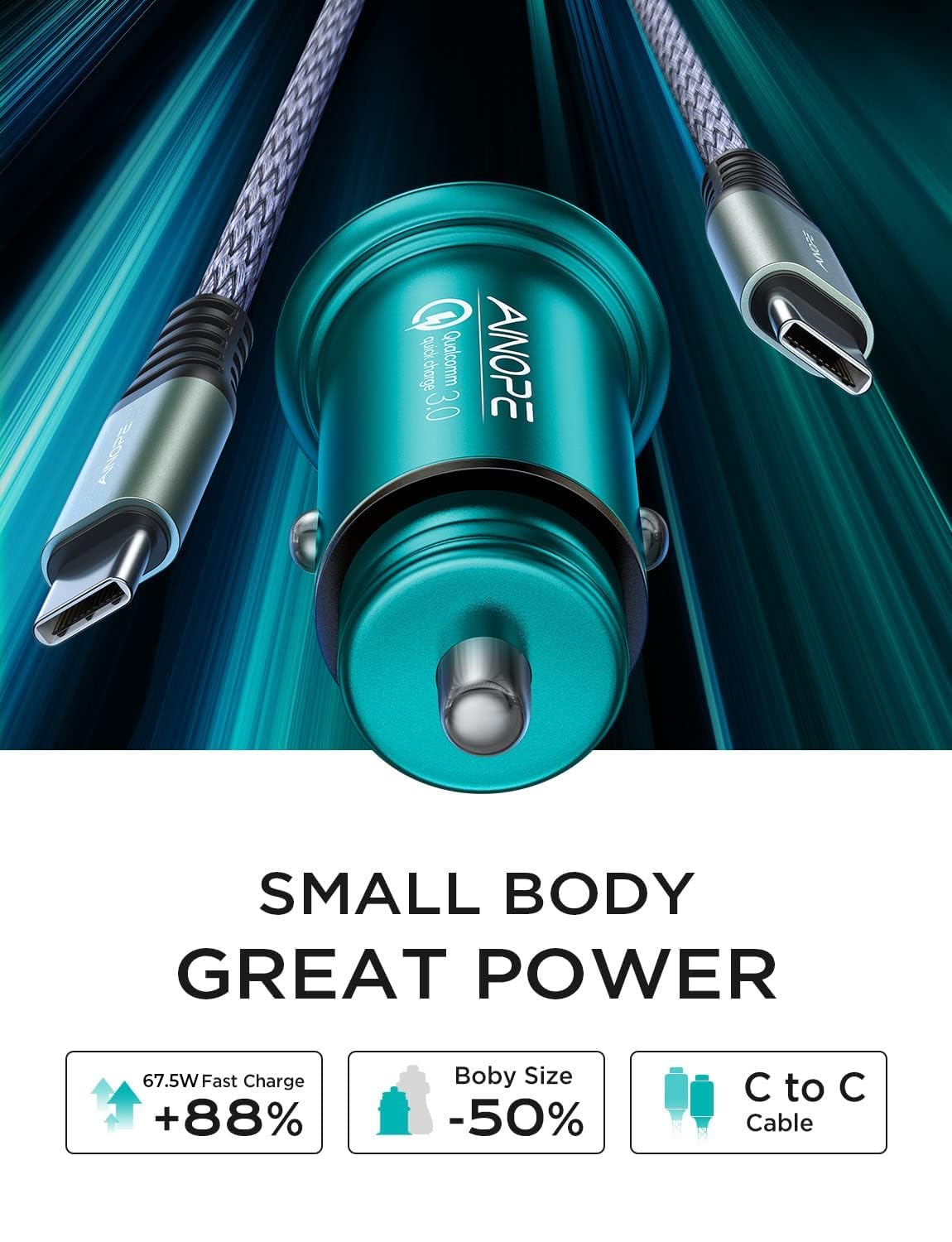 AINOPE 67.5W Fast Car Charger with Dual USB-C Ports - QC3.0 Quick Charge for iPhone 16/15, Samsung Galaxy & Android - Compact Cigarette Lighter Adapter (Green) - Perfect for Road Trips & Daily Commutes
