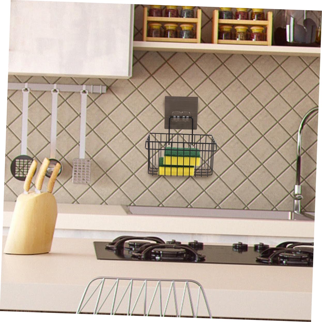 DOITOOL Wall-Mounted Sponge Holder - Kitchen Sponge Rack & Drain Basket for Sink - Organize Sponges, Brushes, and Cleaning Tools - Perfect for Kitchen, Bathroom, and Laundry Room Storage (Stainless Steel)