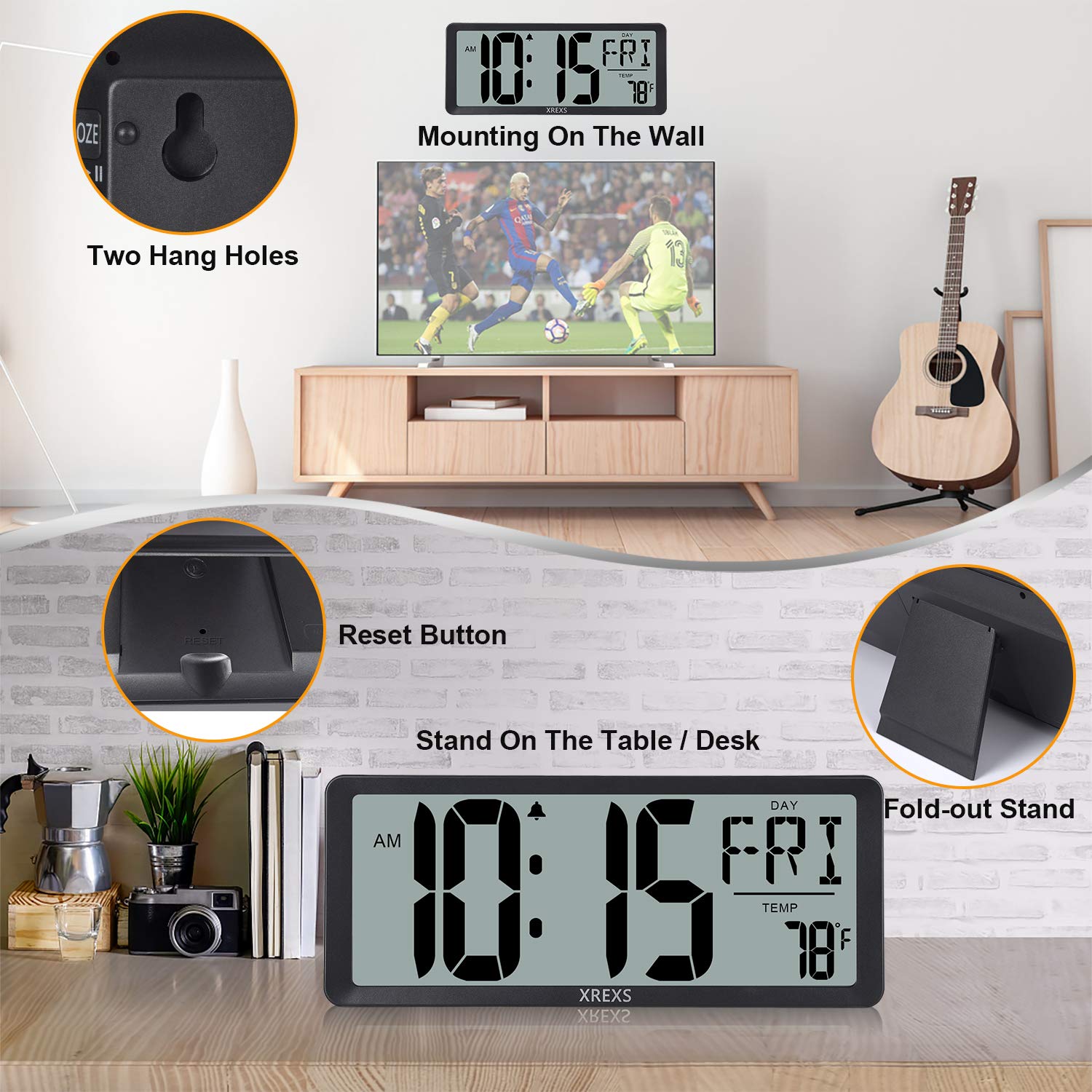 XREXS 14.17 Inch Large Digital Wall Clock with LCD Screen - Battery Operated Alarm Clock with Time, Calendar & Temperature Display - Count Up/Down Timer for Bedroom, Office & Home Decor (Batteries Included) - Perfect for Living Rooms, Kitchens, Classrooms & Workspaces