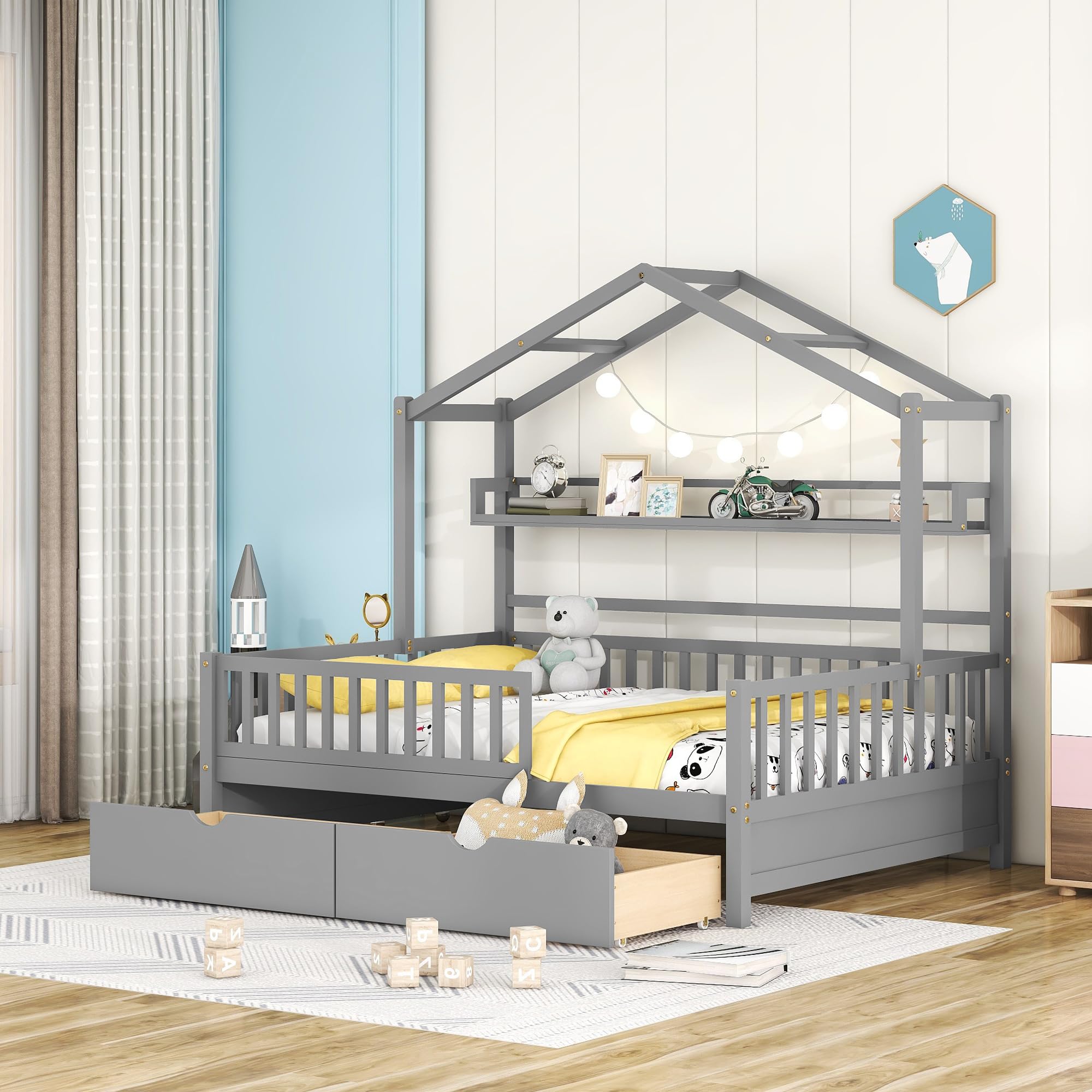 Harper & Bright Designs Full Size Wooden House Bed Frame with 2 Storage Drawers & Shelf - Montessori Kids Bed with Safety Rails for Boys & Girls (Grey) | No Box Spring Needed | Perfect for Small Bedrooms & Playrooms