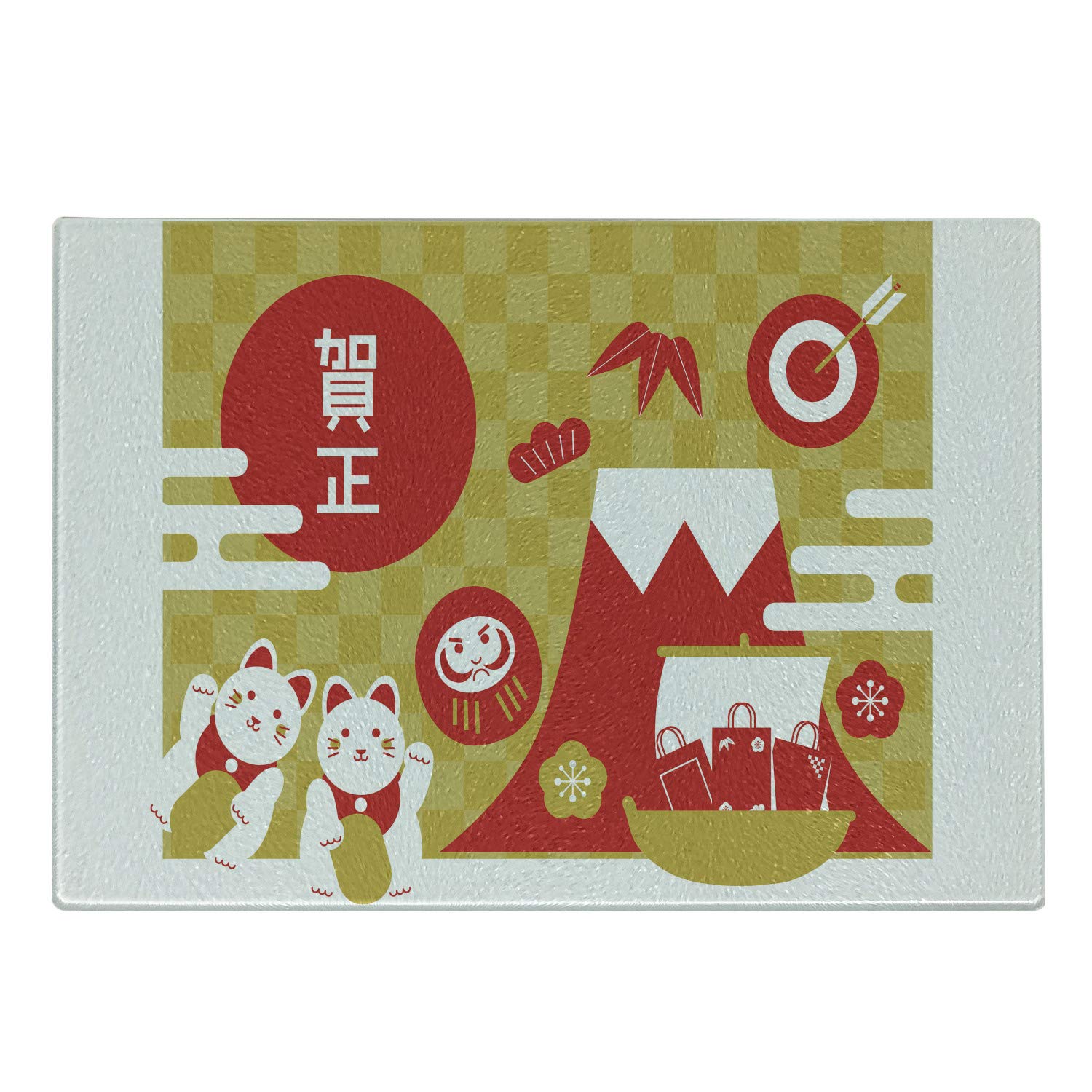Ambesonne Japanese Cat Cutting Board - Lucky Maneki Neko Dharma Doll Design, Tempered Glass Serving Board for Sushi, Cheese & Appetizers, Small Size (Vermilion/White/Earth Yellow) - Perfect for Asian Kitchen Decor & Holiday Gift Giving