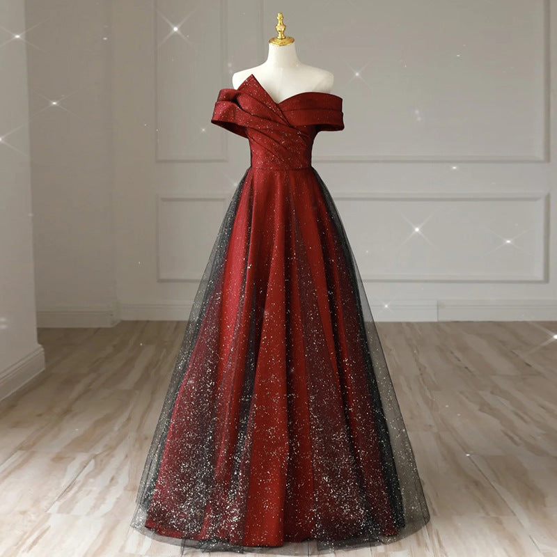 Burgundy Off Shoulder Shiny Tulle Prom Dress - Elegant Formal Evening Gown for Homecoming, Wedding & Special Occasions