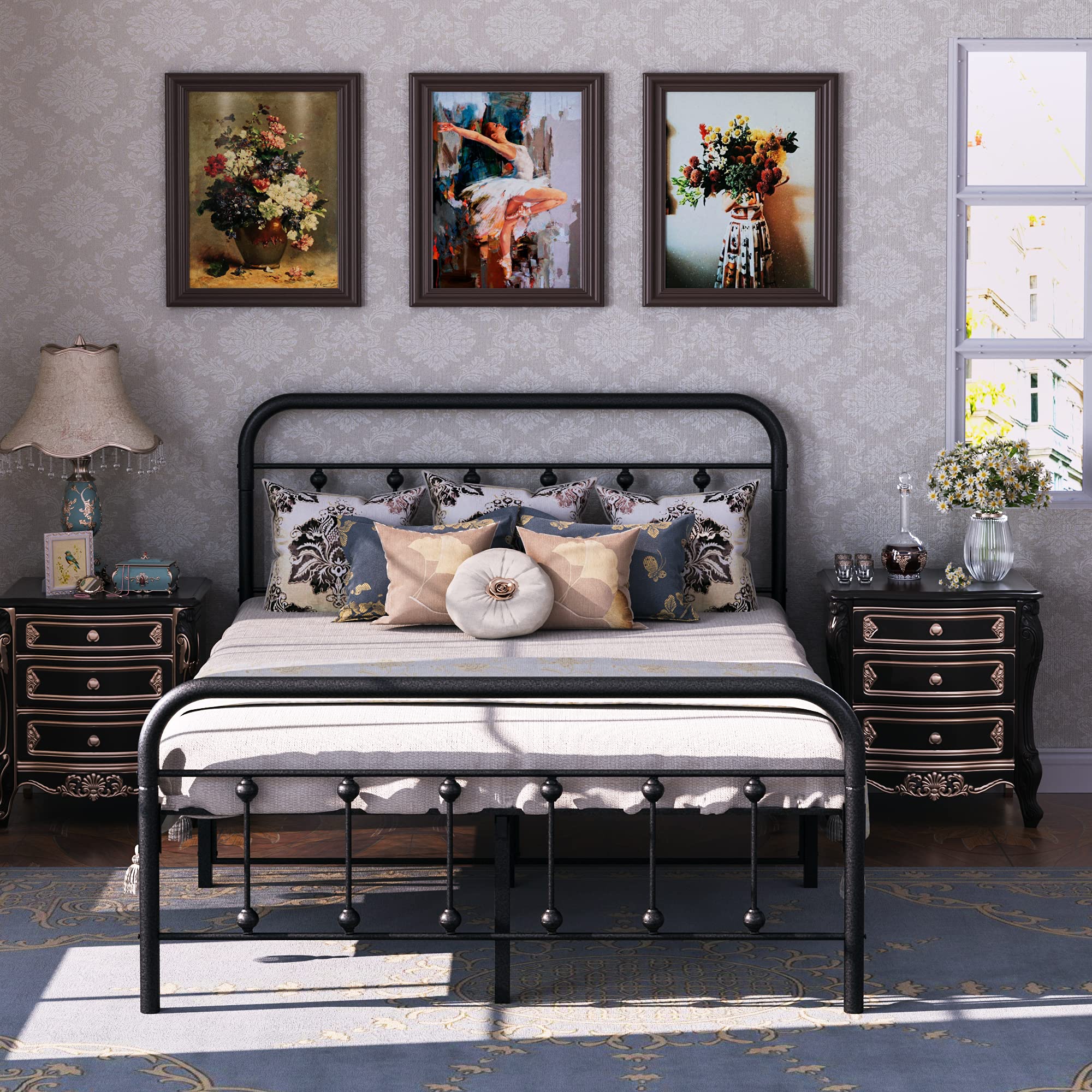 Full Size Bed Frame with Headboard & Footboard - Heavy Duty Metal Platform Bed with Steel Slat Support, Sturdy Iron-Art Design (Black) - Perfect for Master Bedrooms, Guest Rooms & Dormitories