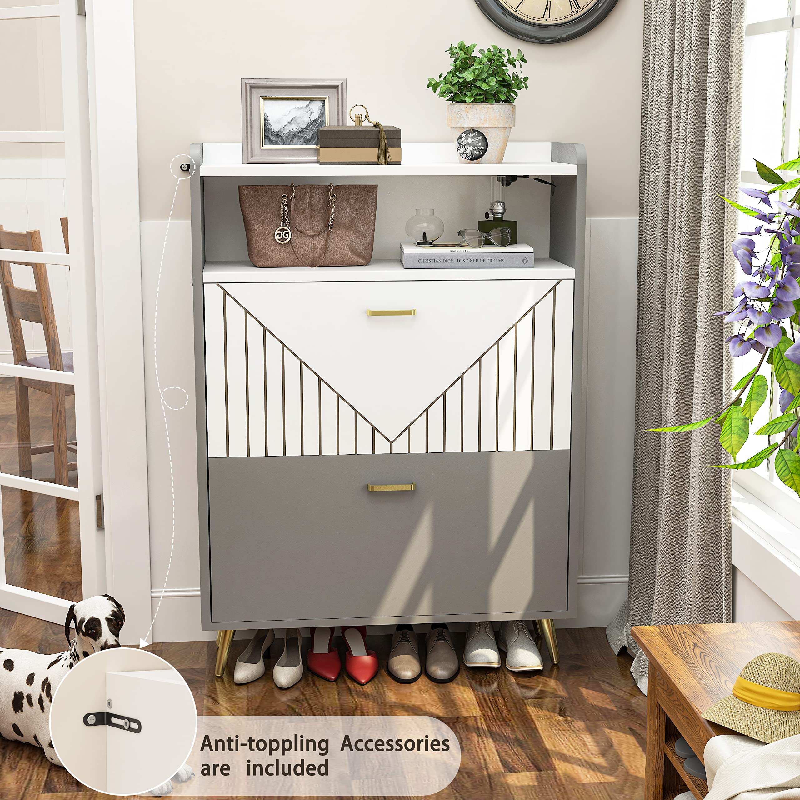 Aheaplus Motion Sensor LED Shoe Cabinet Organizer - Narrow Wooden Shoe Rack with Open Shelves for Entryway, Closet & Living Room (Grey & White) | Space-Saving Shoe Storage Solution for Small Apartments & Modern Homes