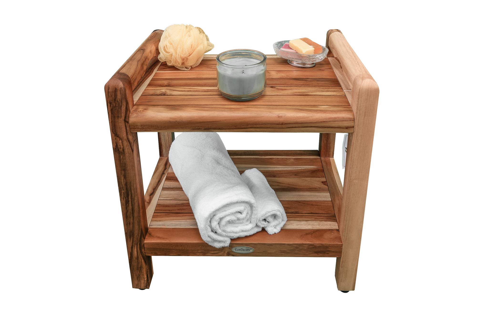 EcoDecors Eleganto 20 Inch Waterproof Teak Wood Shower Bench - Non-Slip Bathroom Stool with Storage for Safety & Organization - Perfect for Elderly, Spa & Small Bathrooms
