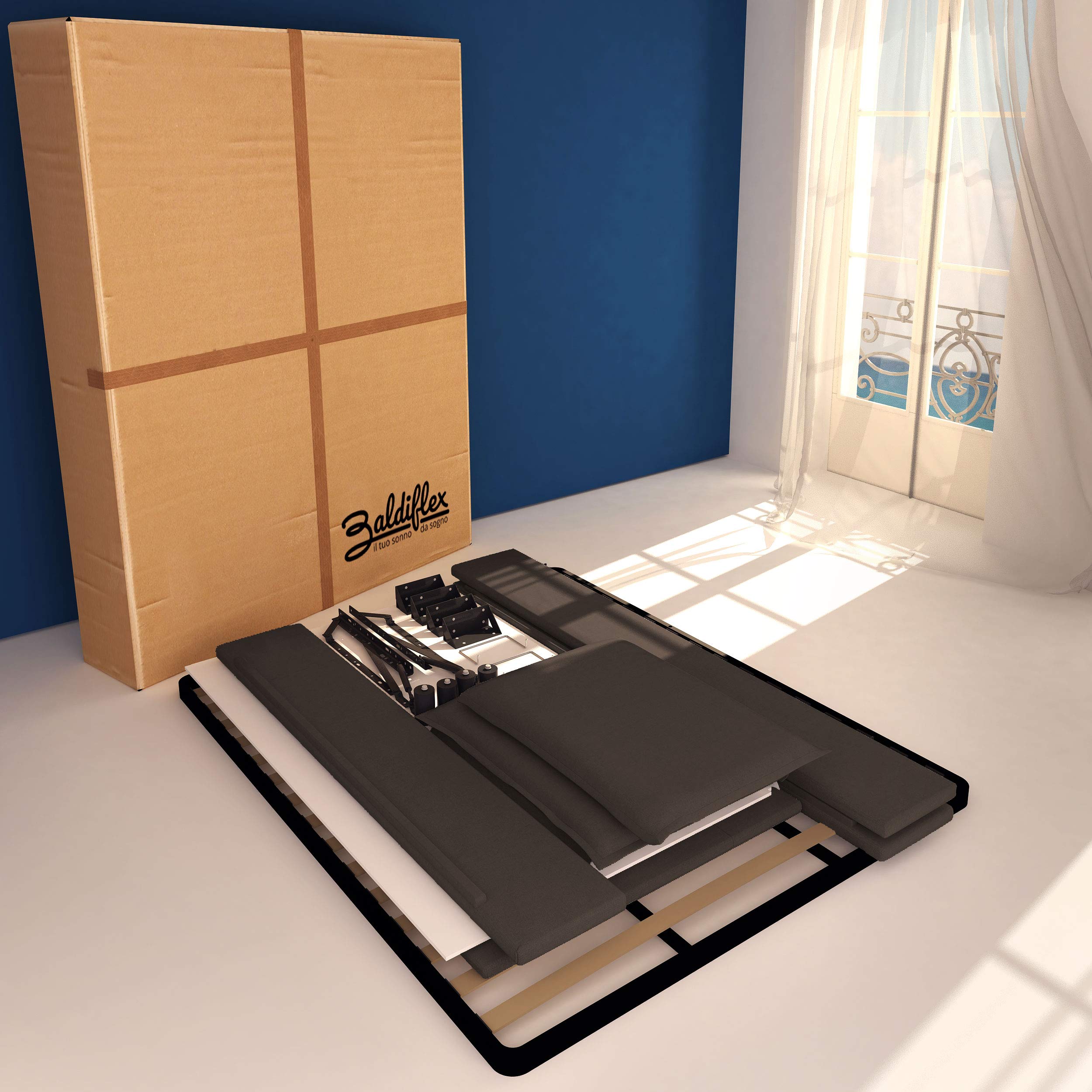 Baldiflex Licia Fabric Queen Size Bed with Slatted Base & Upholstered Headboard - 160x190cm Mattress Platform Bed Frame for Master Bedroom, Guest Room & Small Spaces